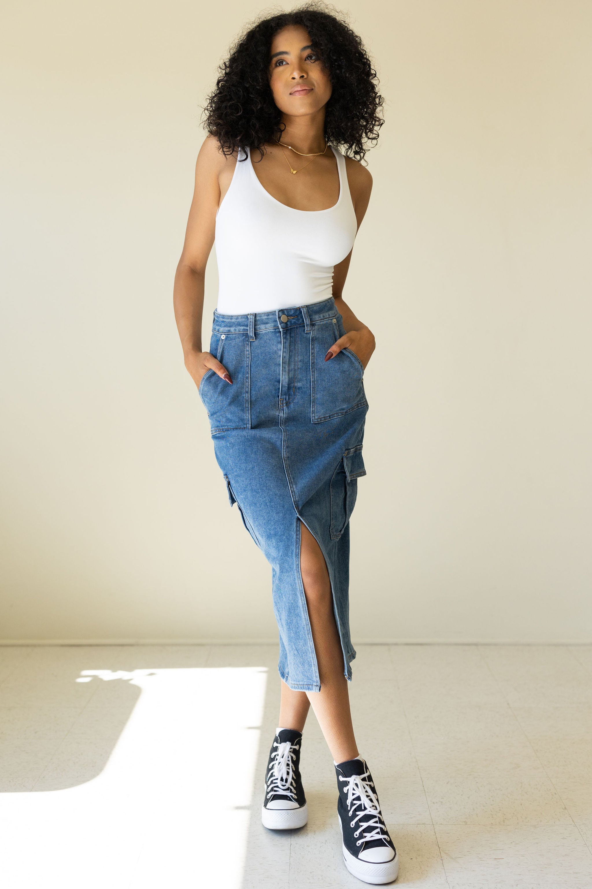 Get Together Denim Midi Skirt by For Good