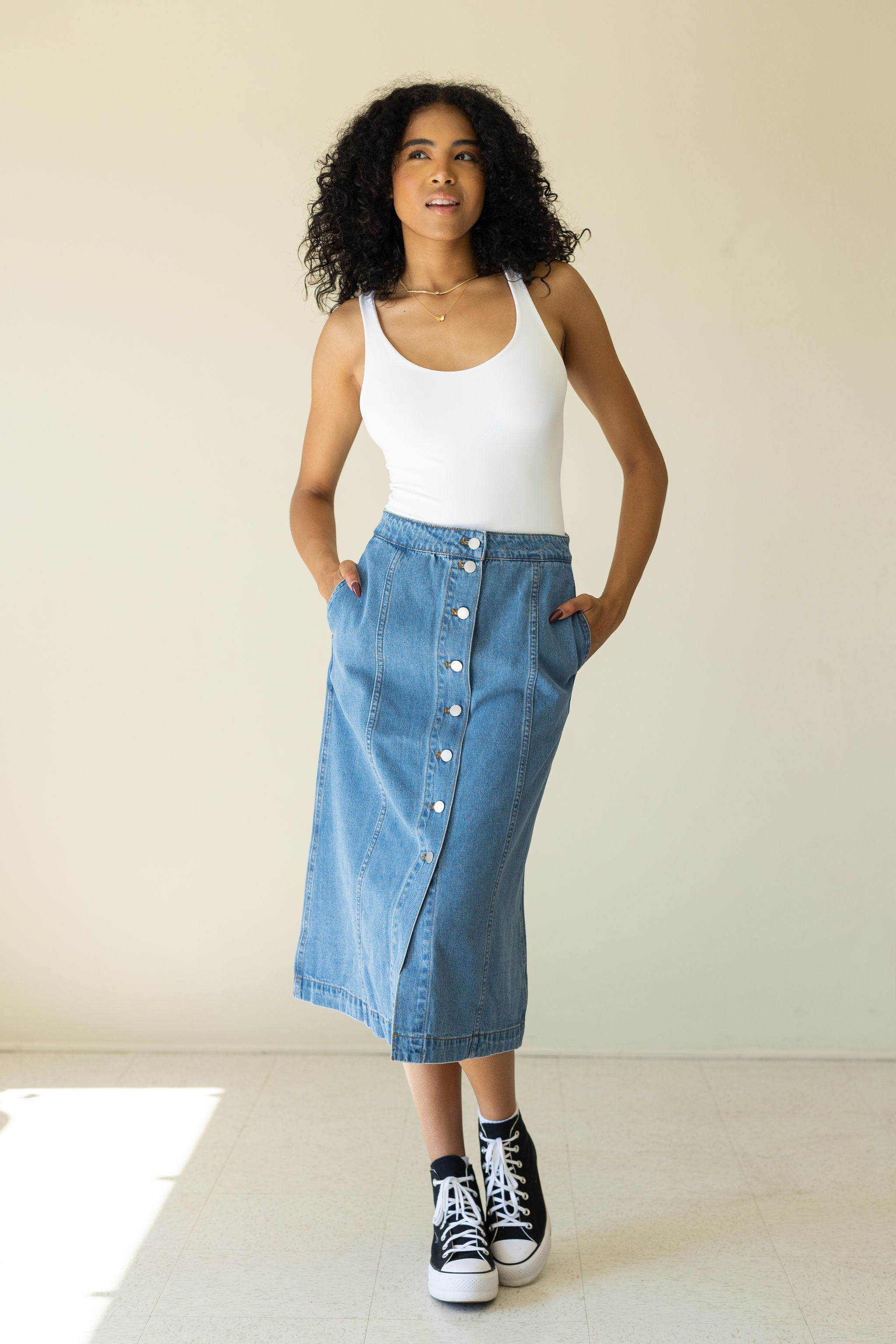 Medium Wash Denim Midi Skirt