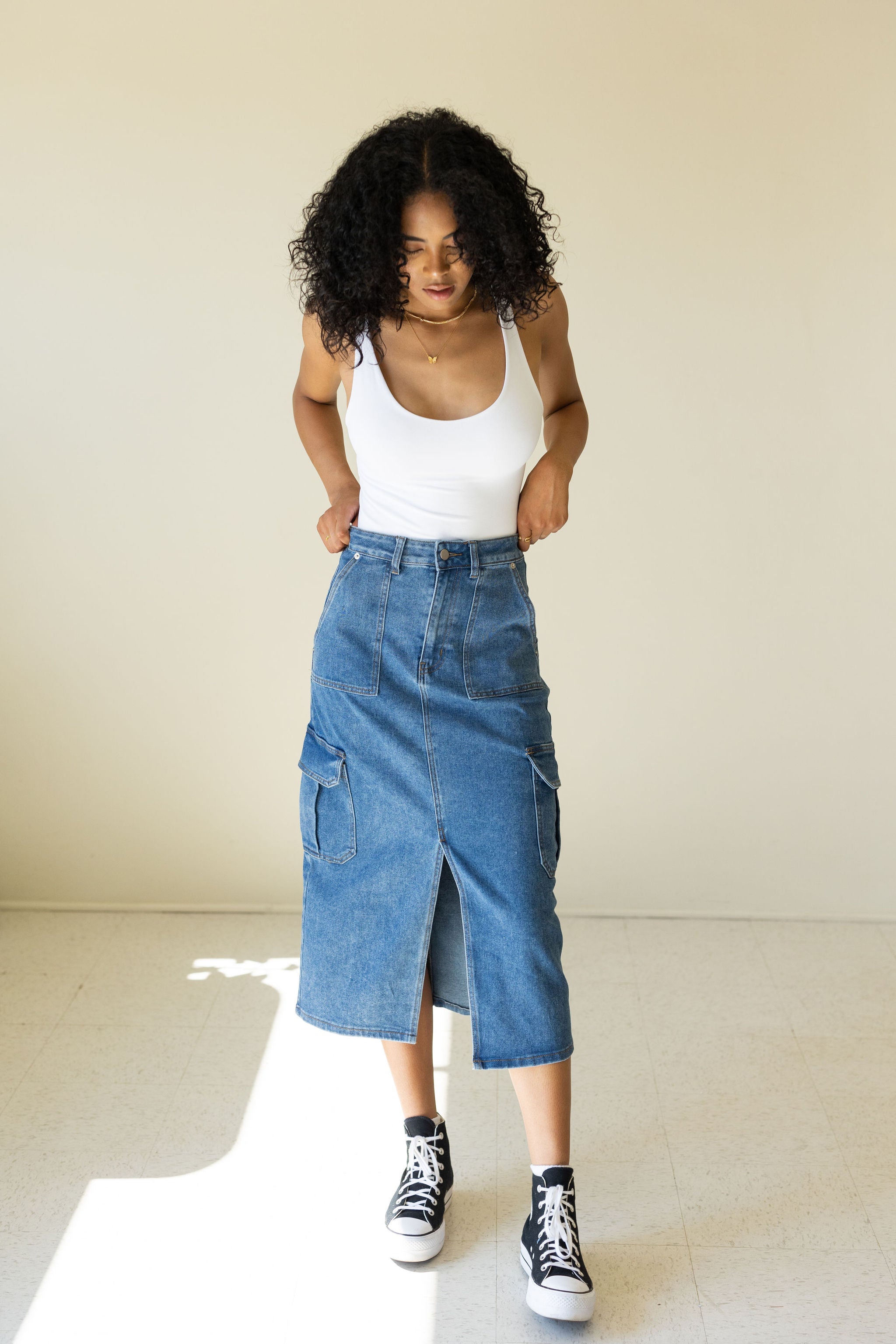 Get Together Denim Midi Skirt by For Good