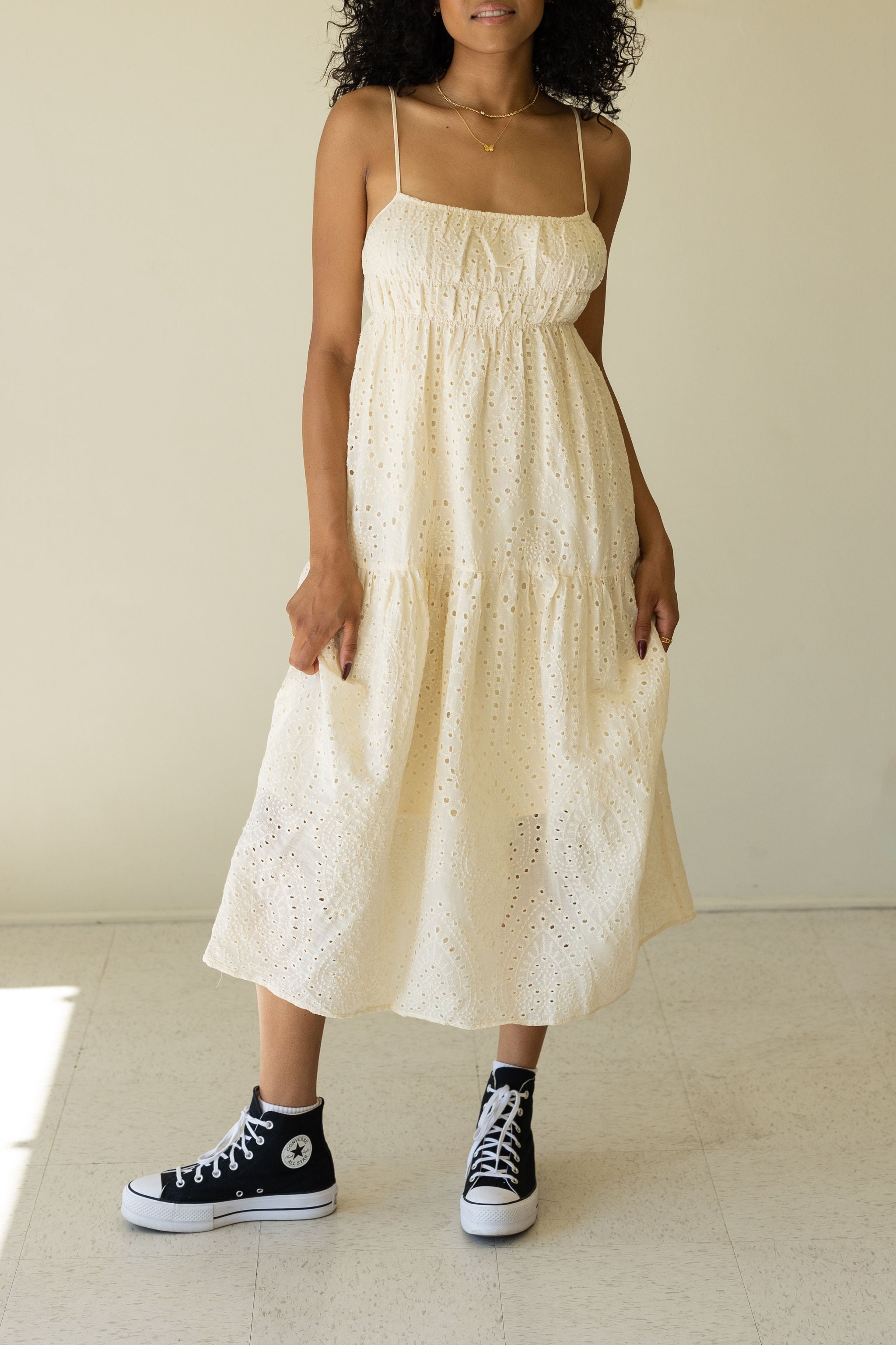 Never Shy Eyelet Midi Dress by For Good
