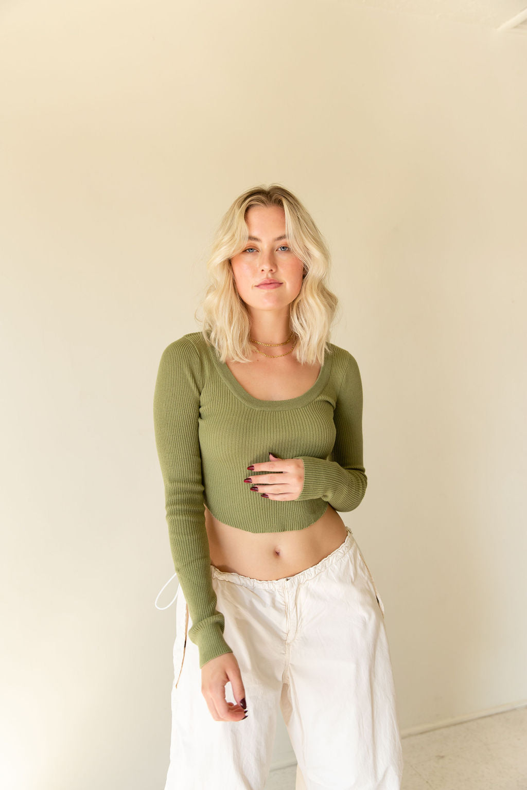 Olive Knit Crop Long Sleeve Top