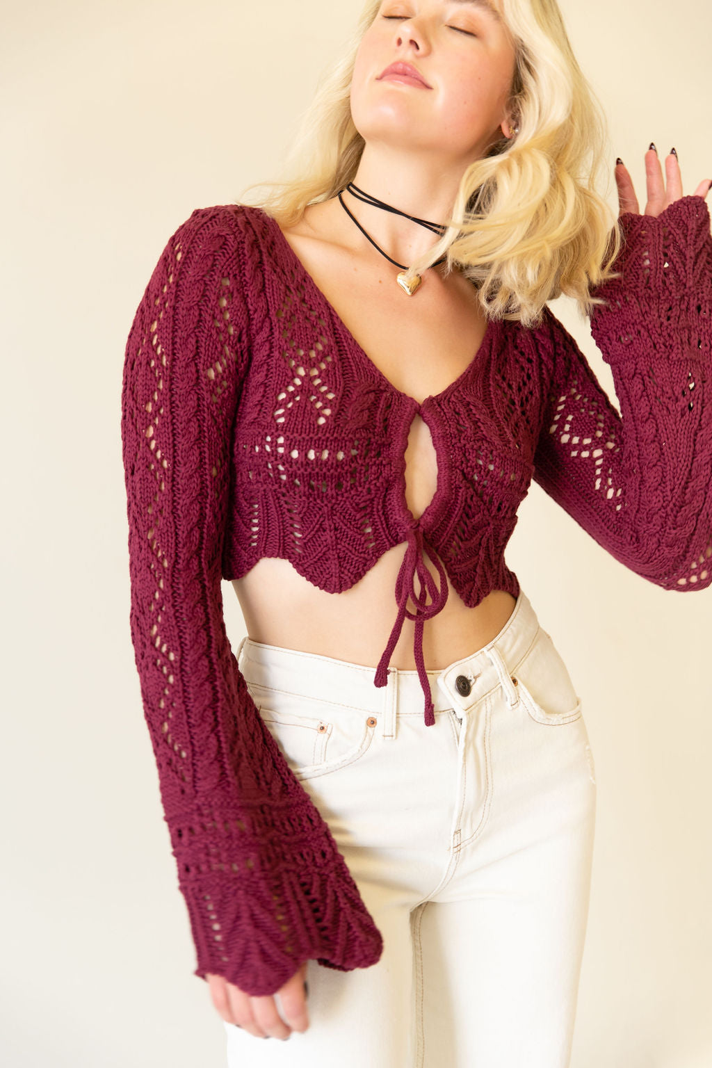 Wine Split Front Crochet Top