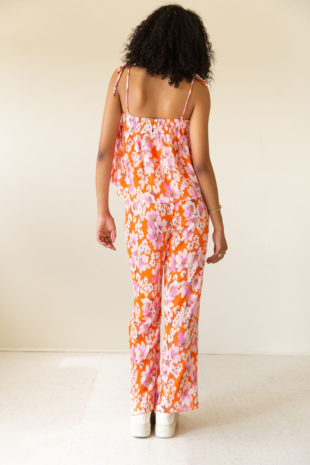 Orange Floral Pleated Pants