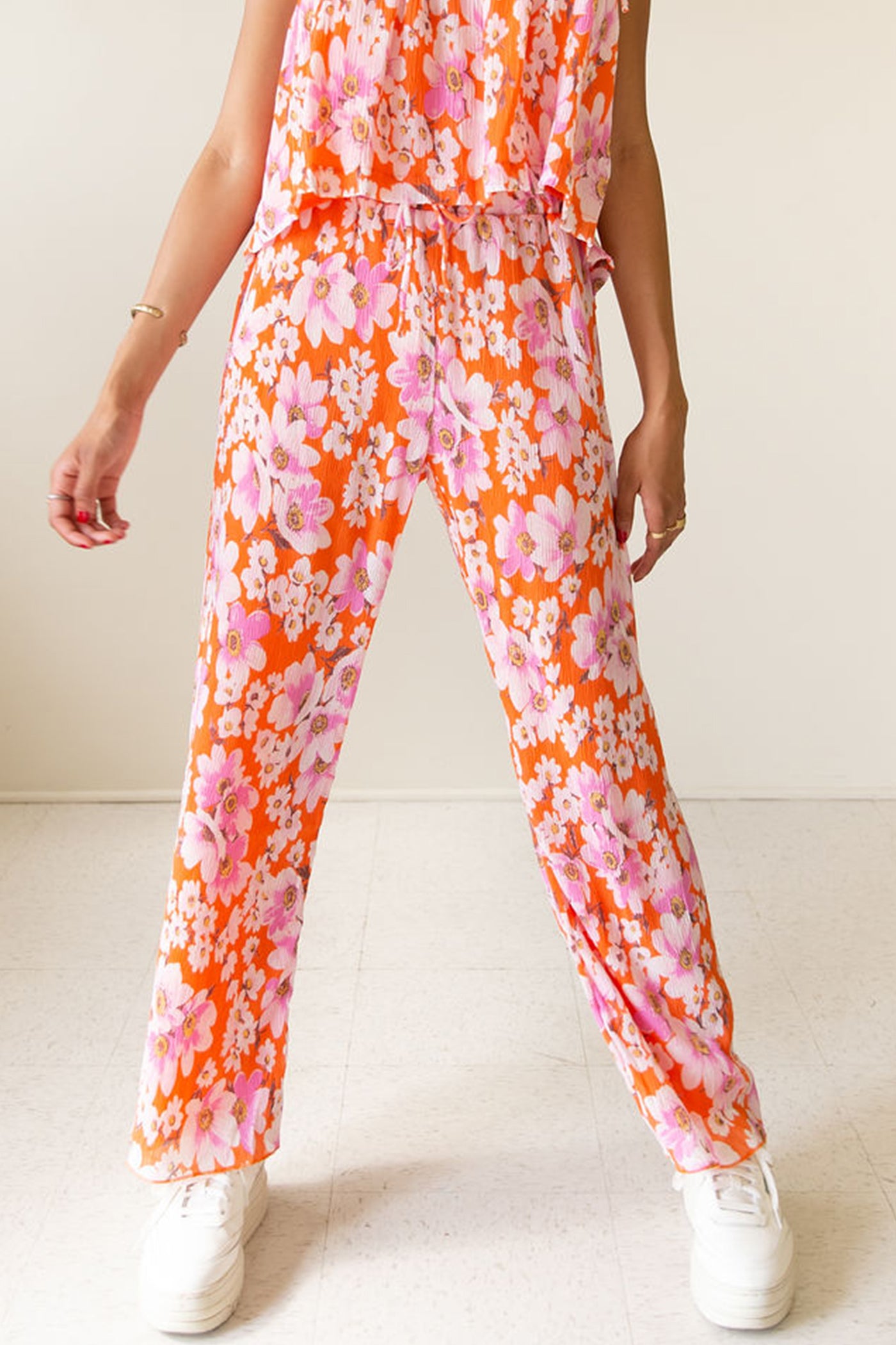 Orange Floral Pleated Pants