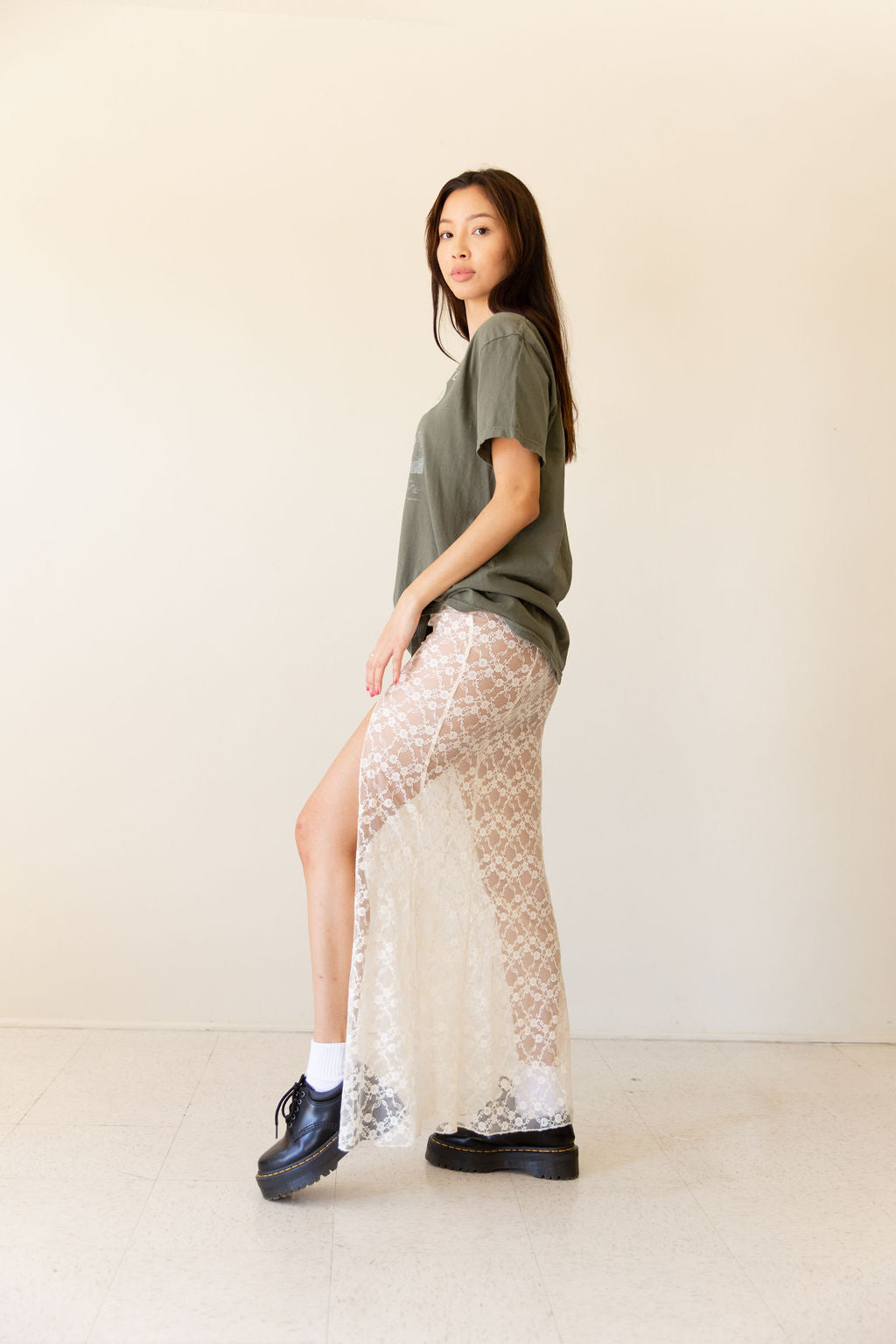 White Sheer Floral Lace Maxi Skirt