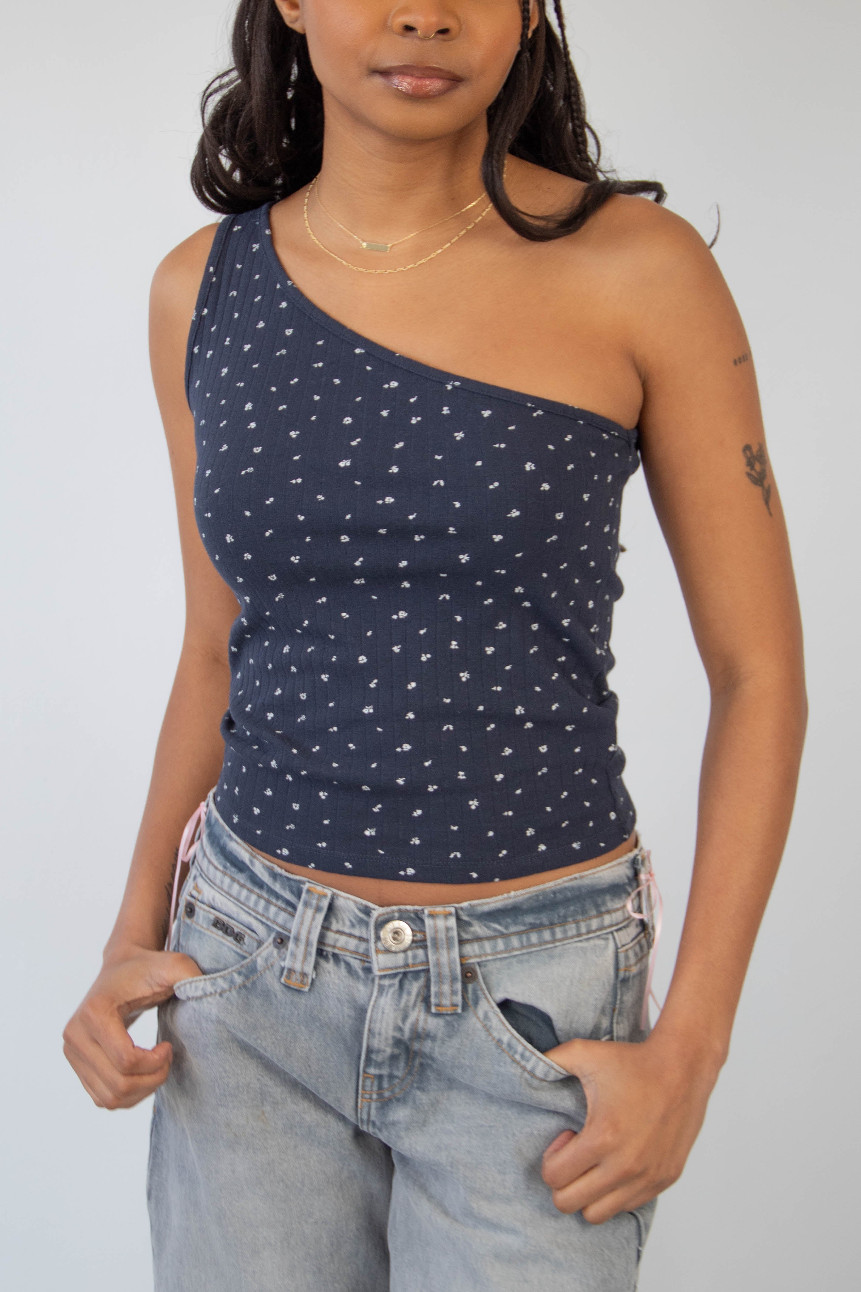 Ditsy Pointelle One Shoulder Top