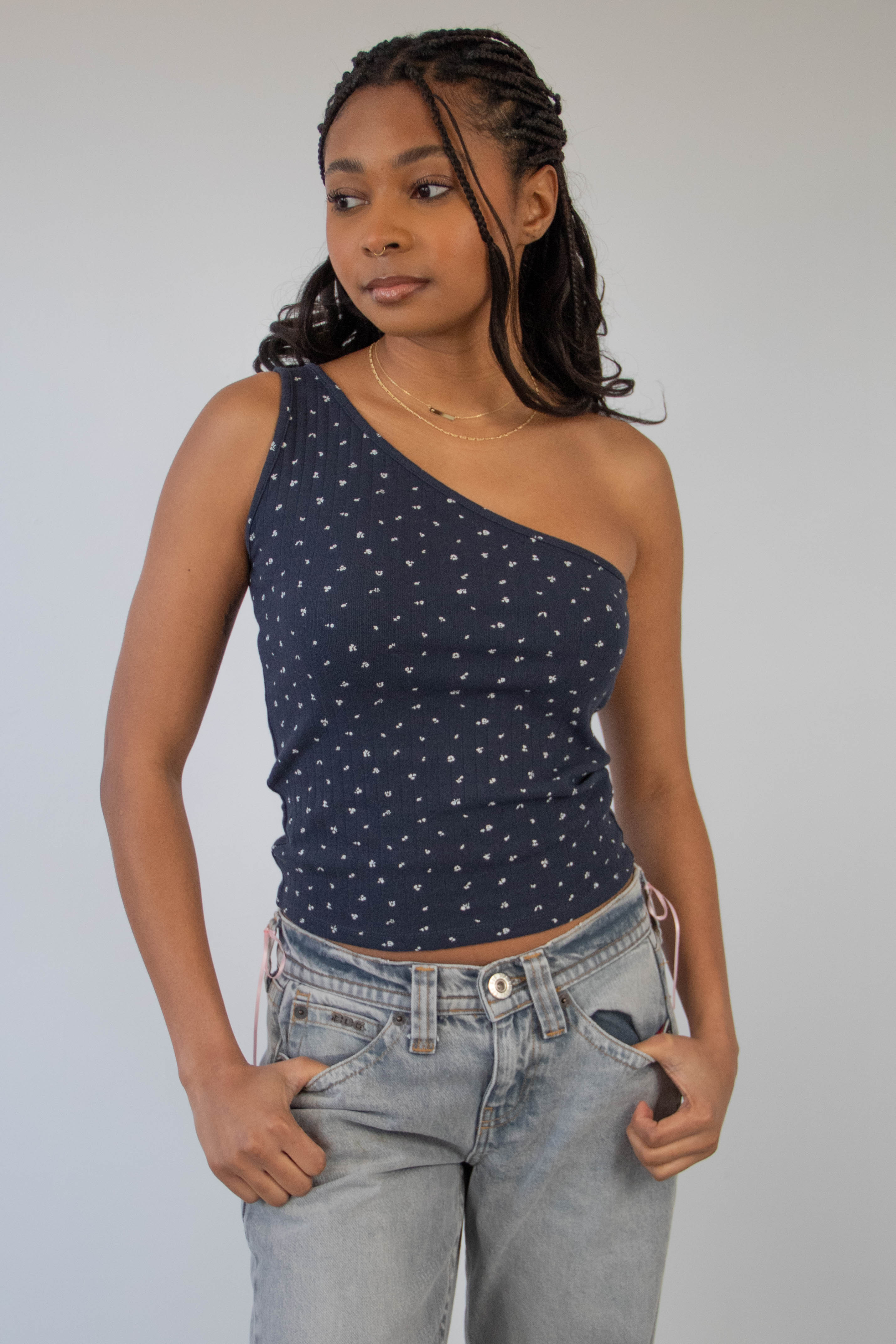 Ditsy Pointelle One Shoulder Top