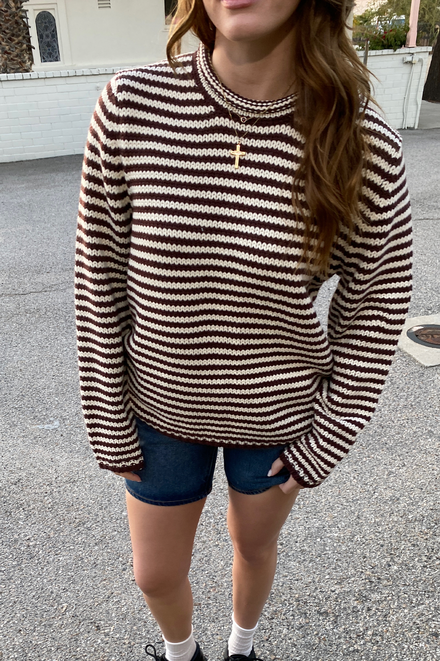 Oversized Crochet Striped Sweater