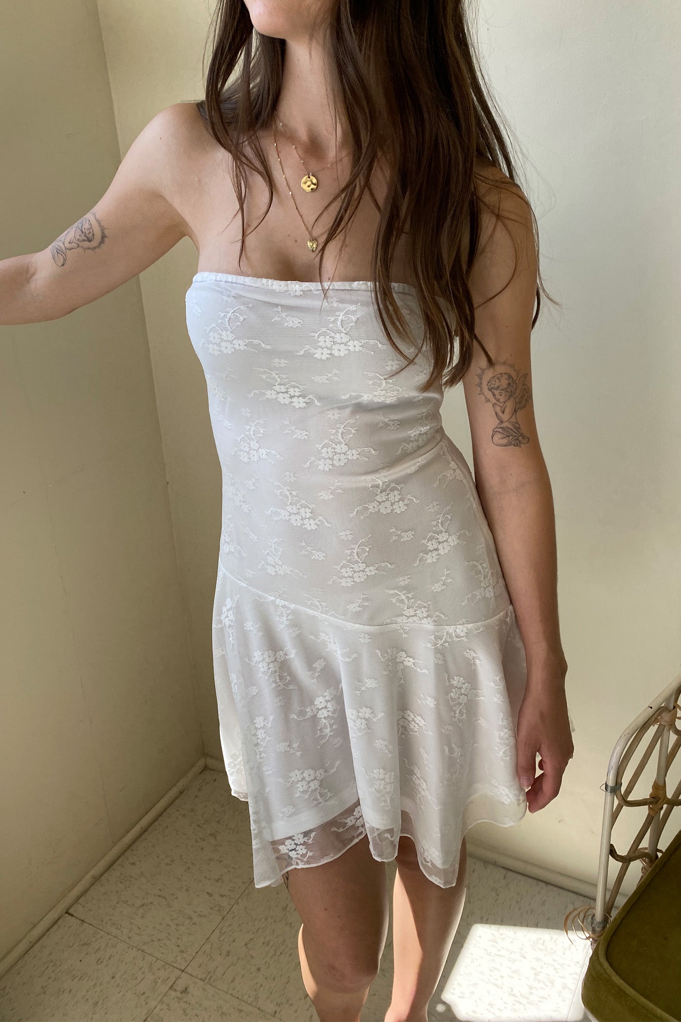 White Floral Mesh Strapless Mini Dress