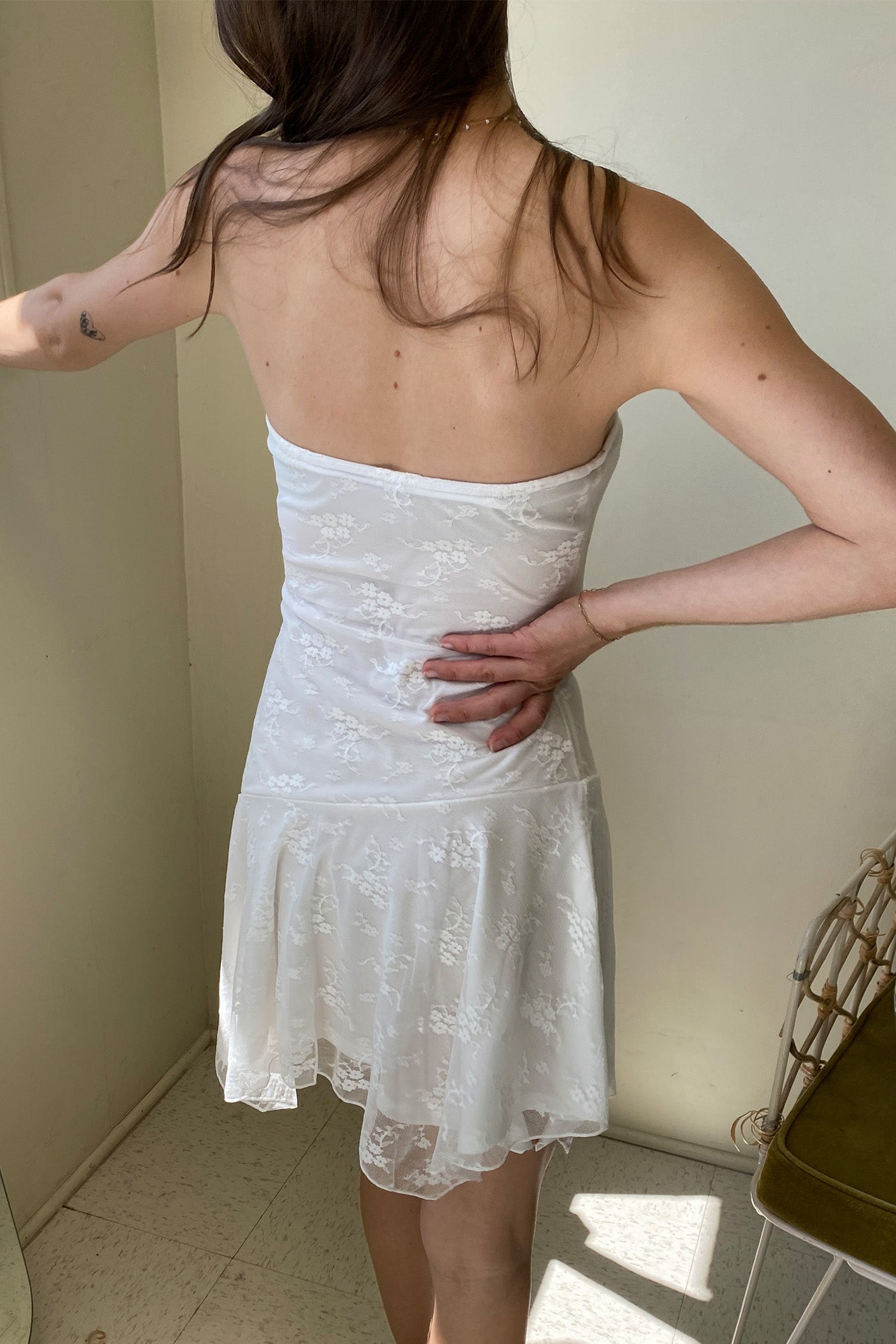 White Floral Mesh Strapless Mini Dress