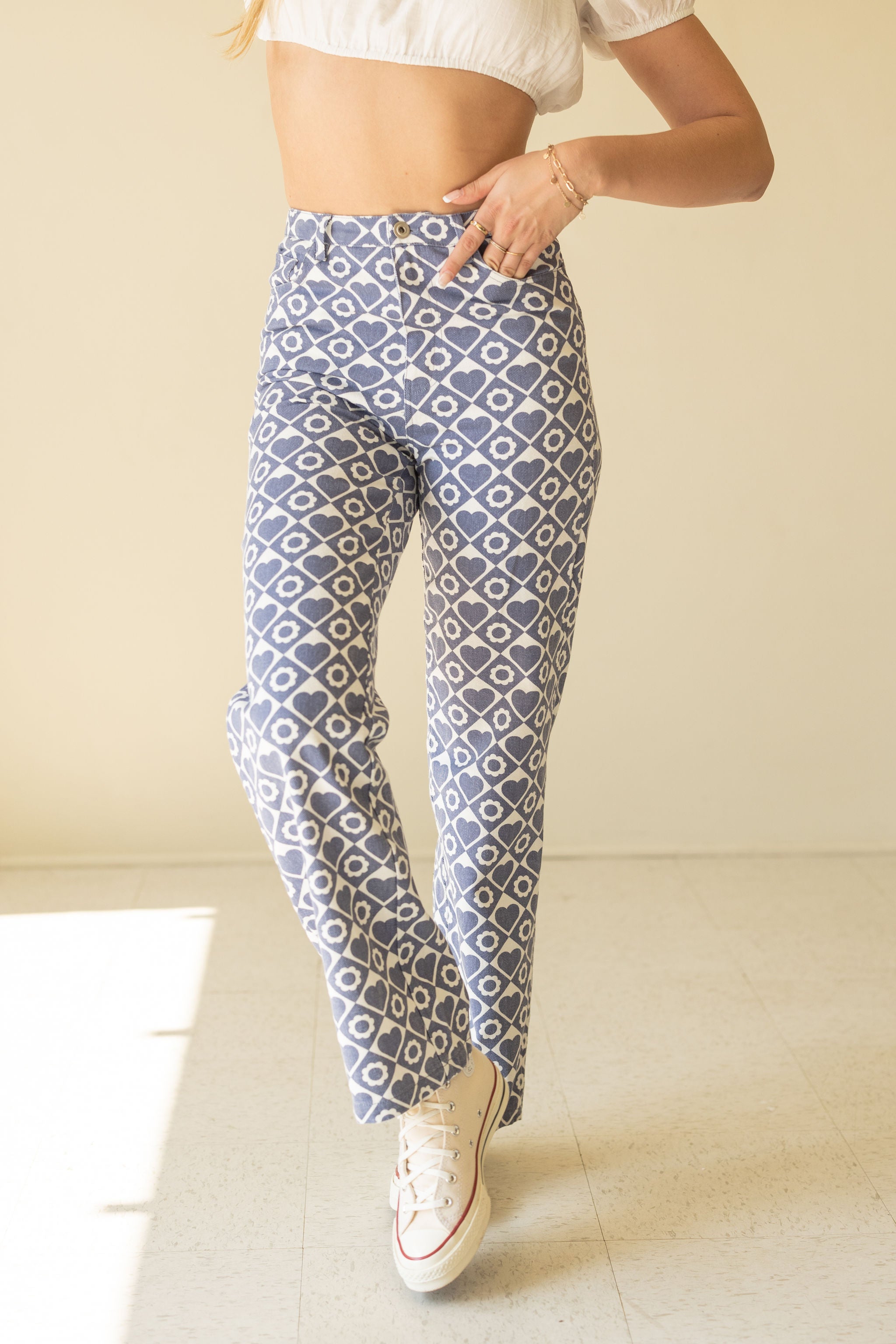 Flowers & Hearts Printed Straight Leg Jeans