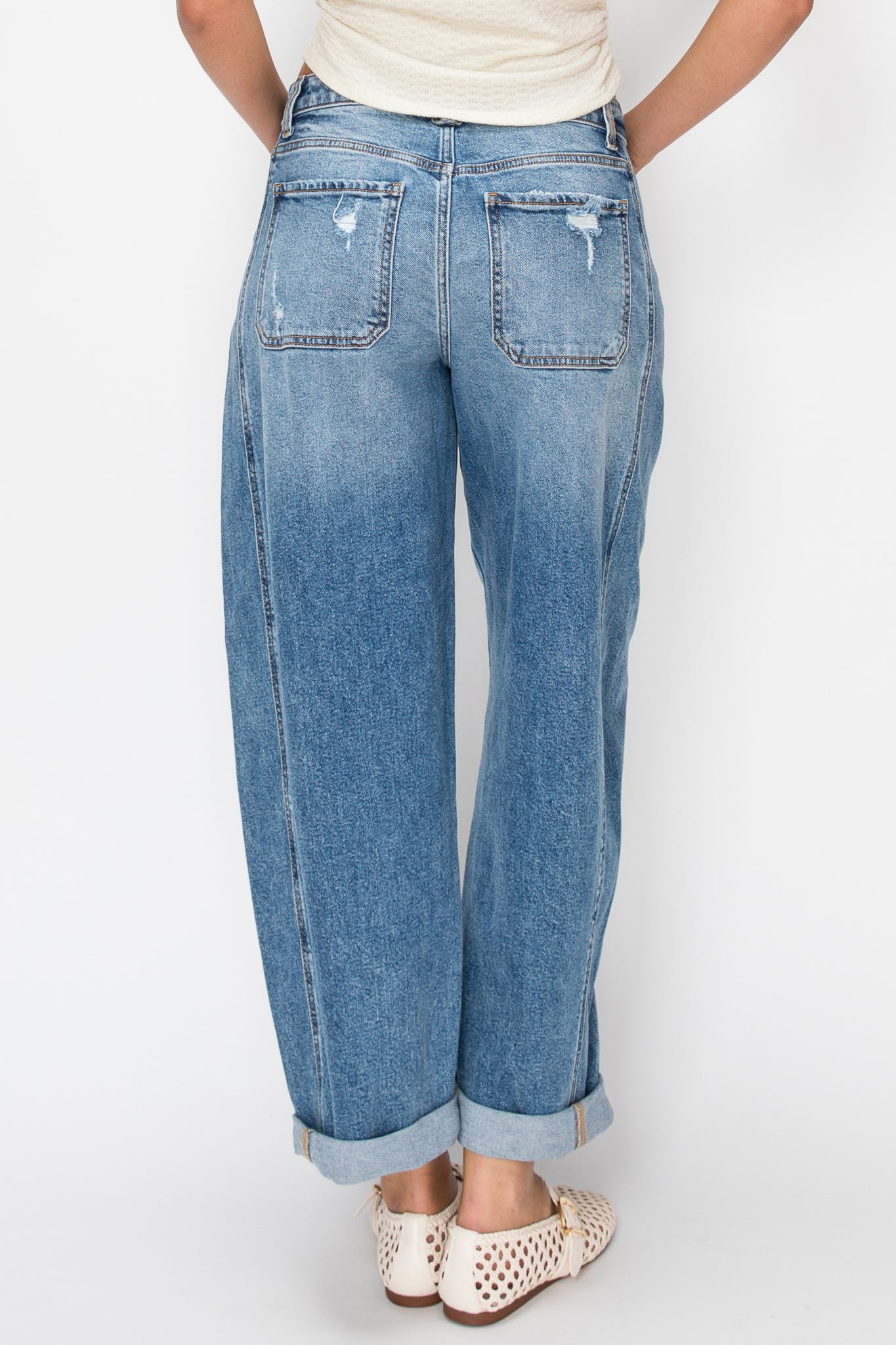 Mid-Rise Barrel Leg Cuffed Jeans