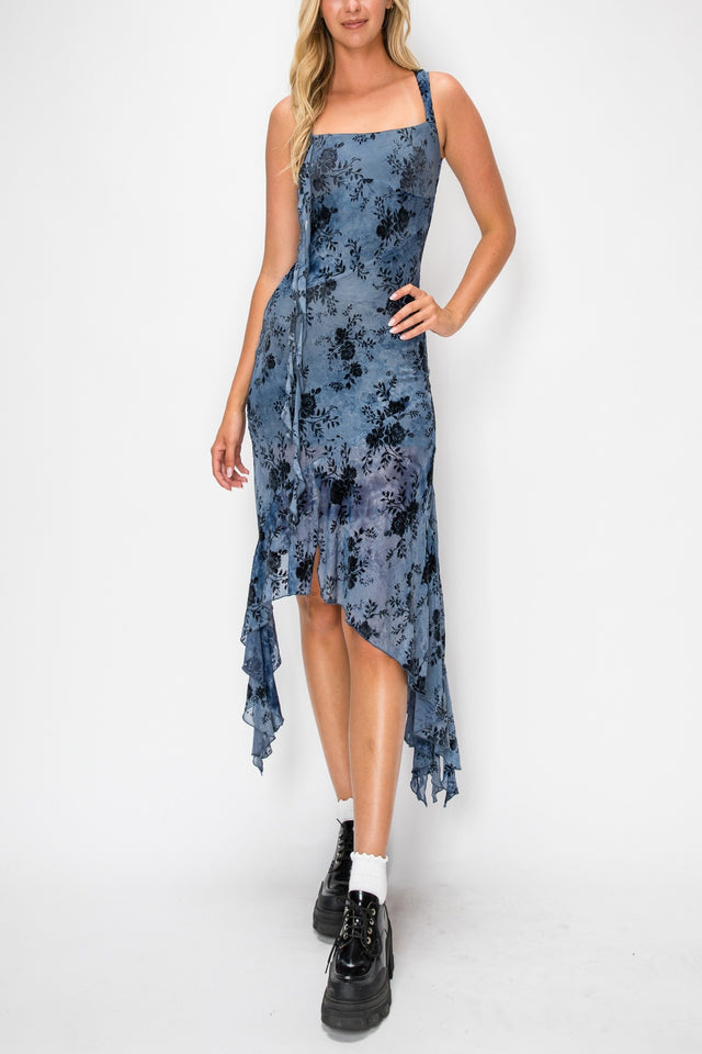 Floral Flocked Handkerchief Dress