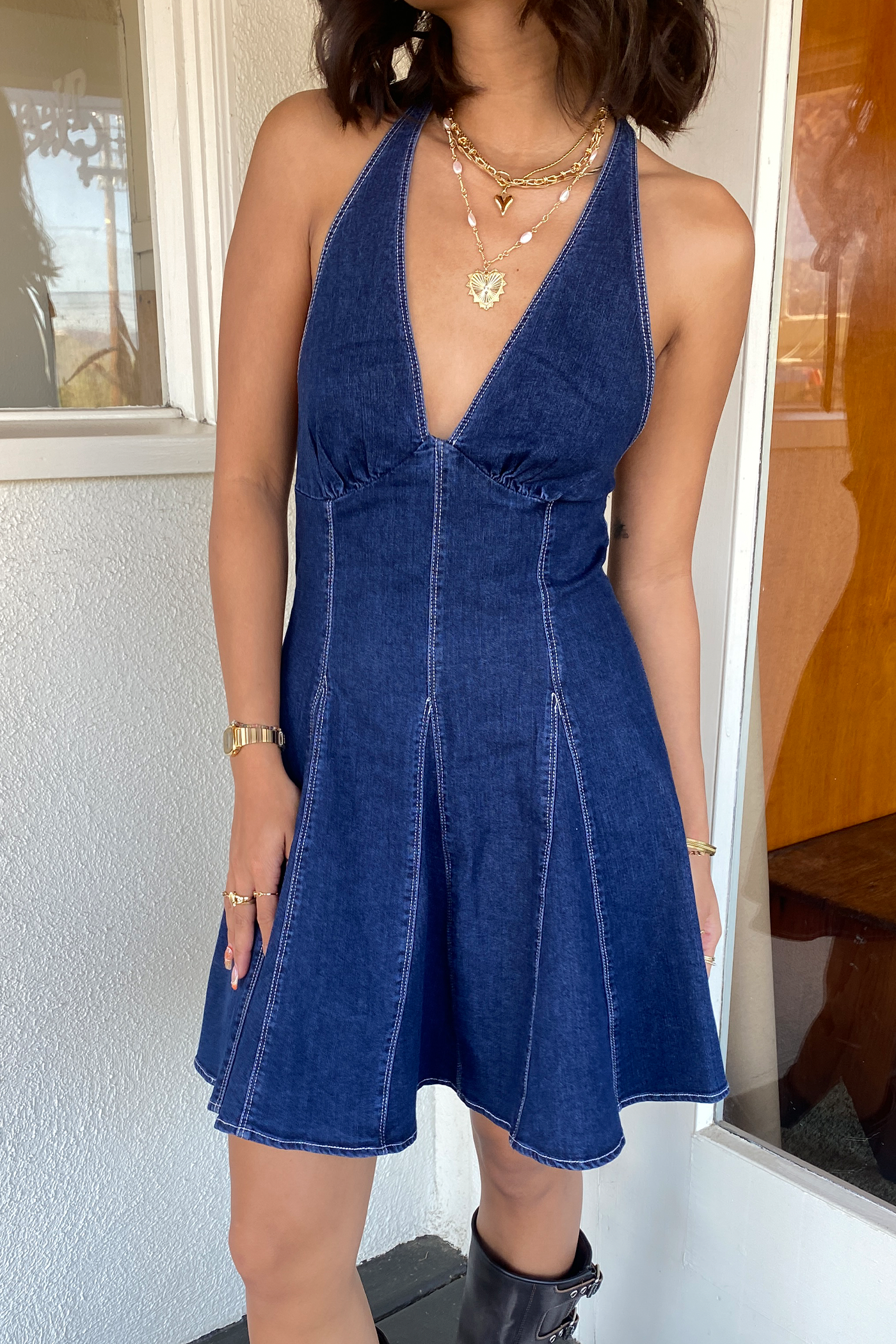 Denim Halter Mini Dress by For Good