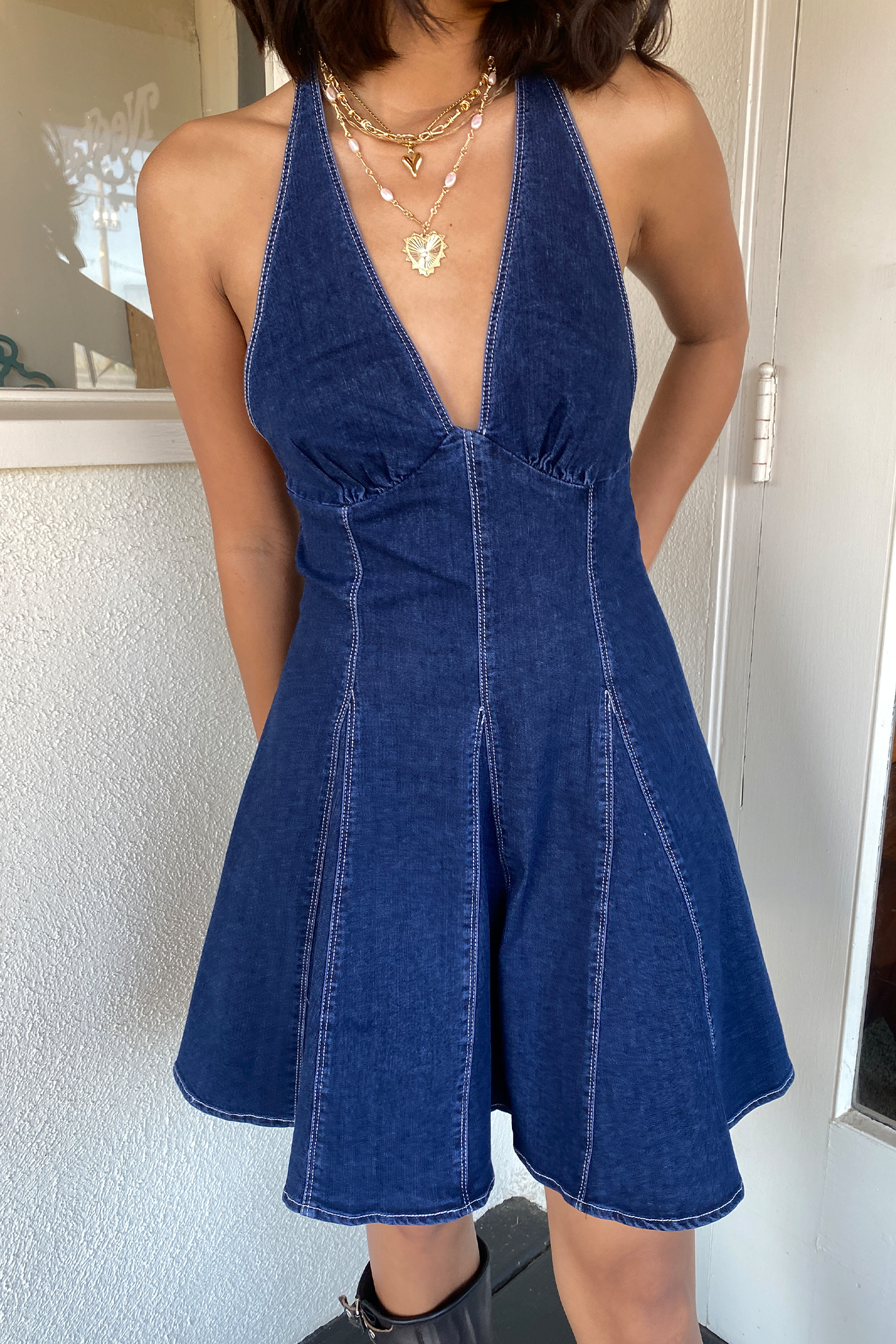 Denim Halter Mini Dress by For Good