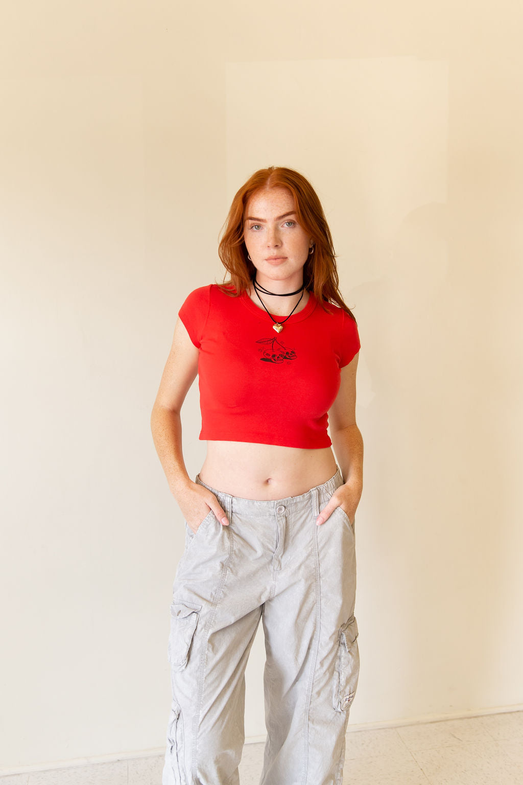 Cherry Skulls Graphic Baby Crop Tee