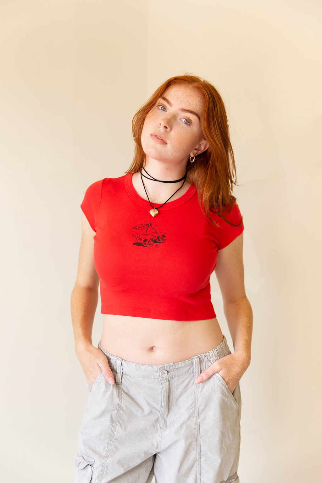 Cherry Skulls Graphic Baby Crop Tee