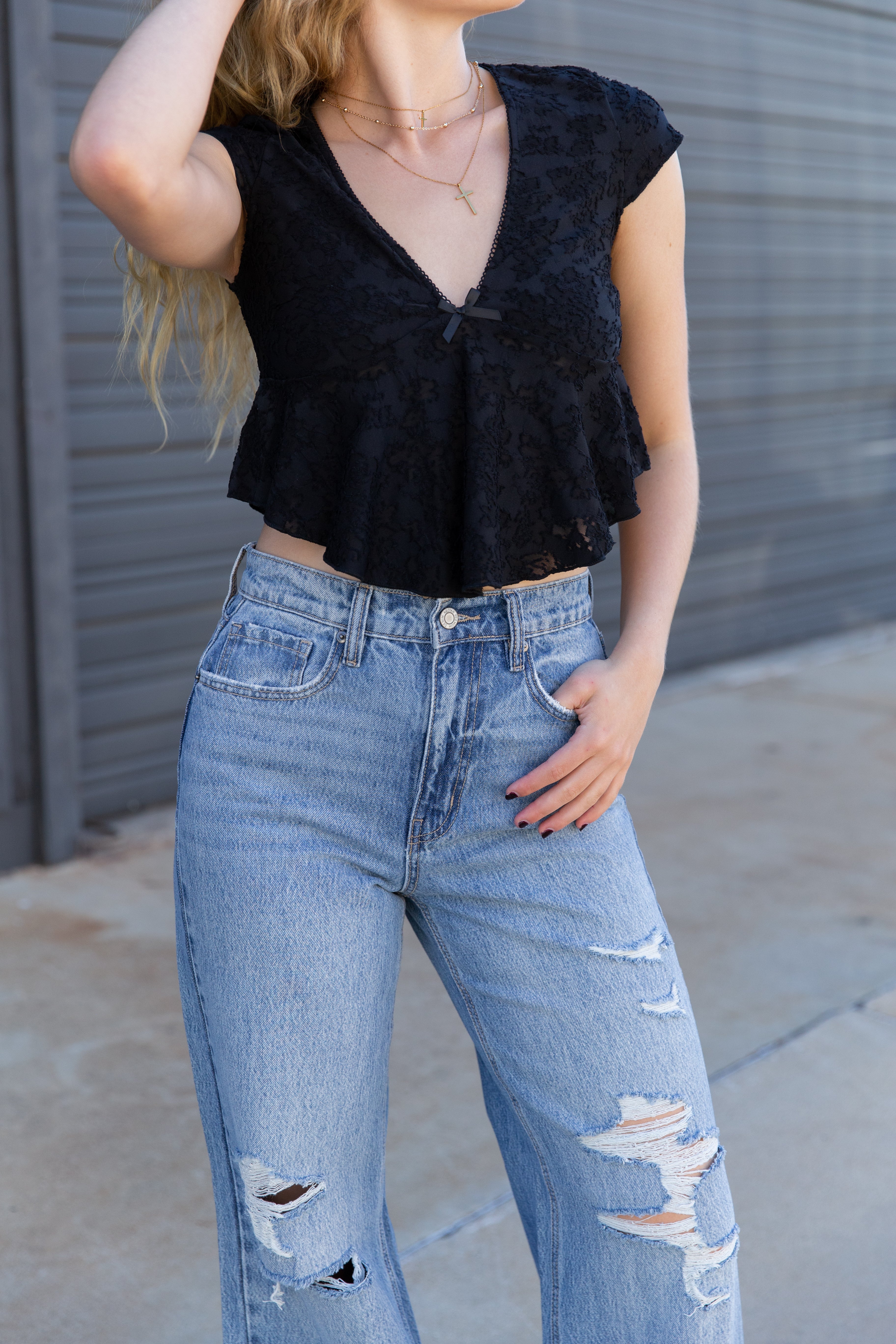 Textured Floral Cap Sleeve Top