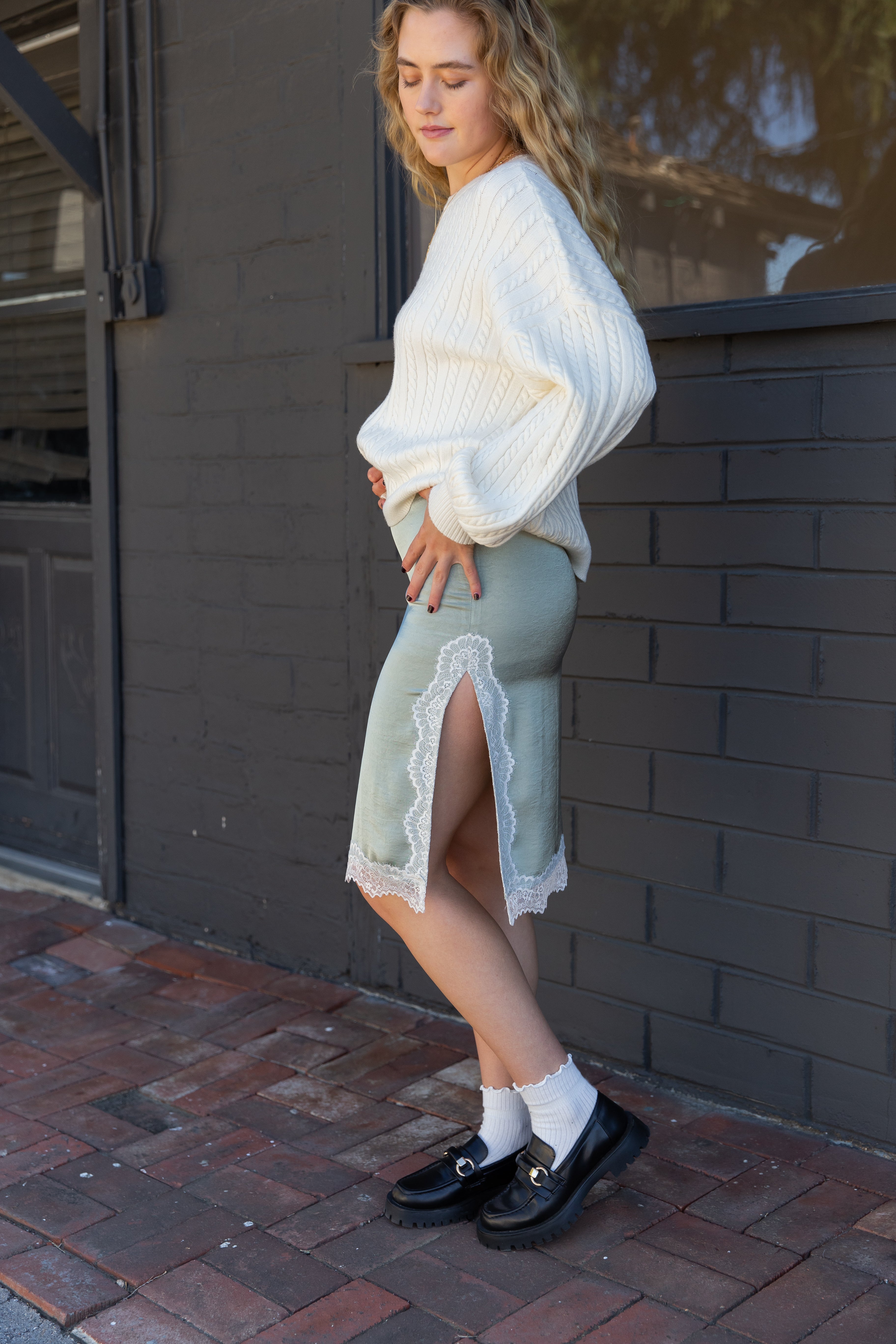 Satin Lace Midi Skirt