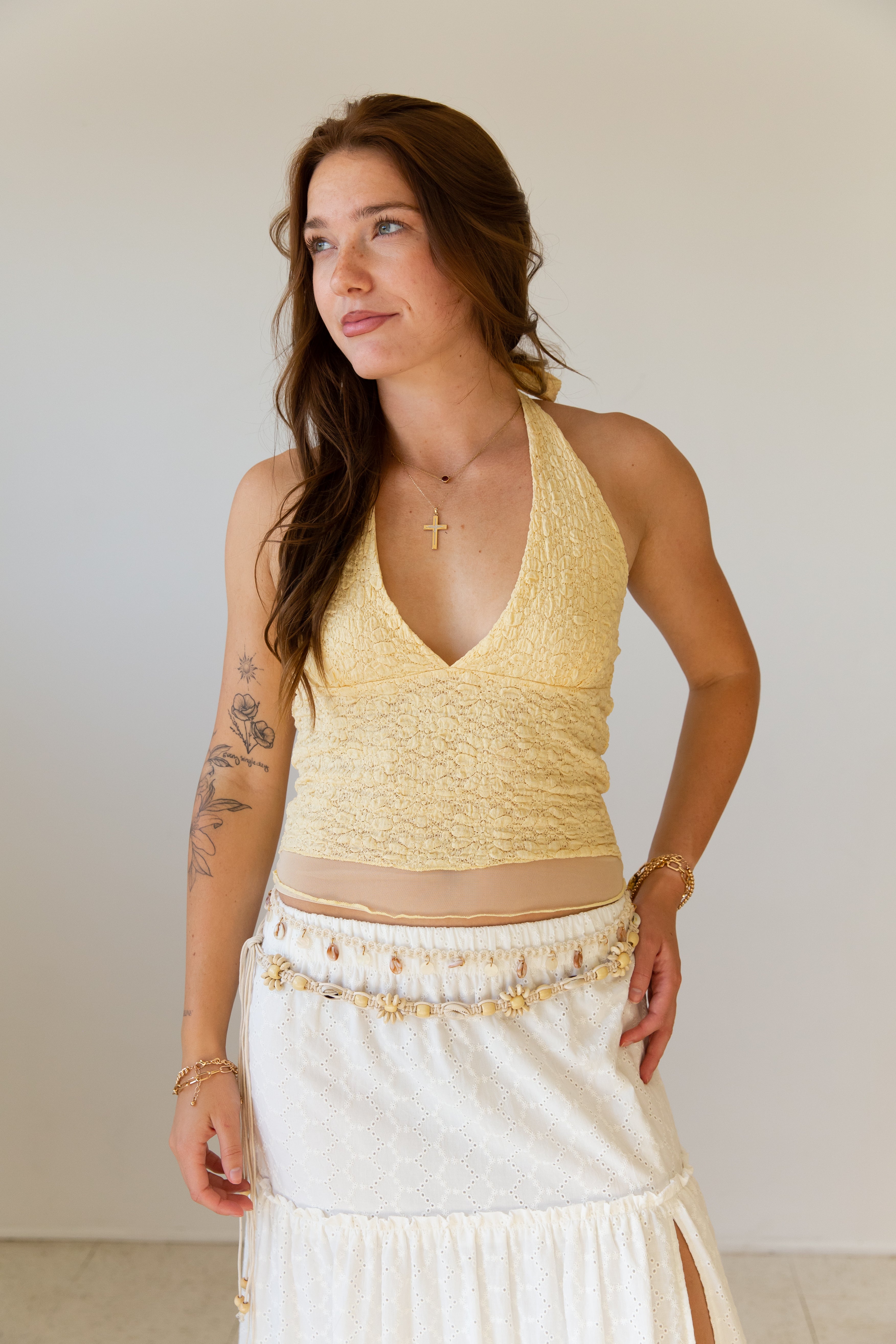 Pucker Floral Halter Tie-Back Top