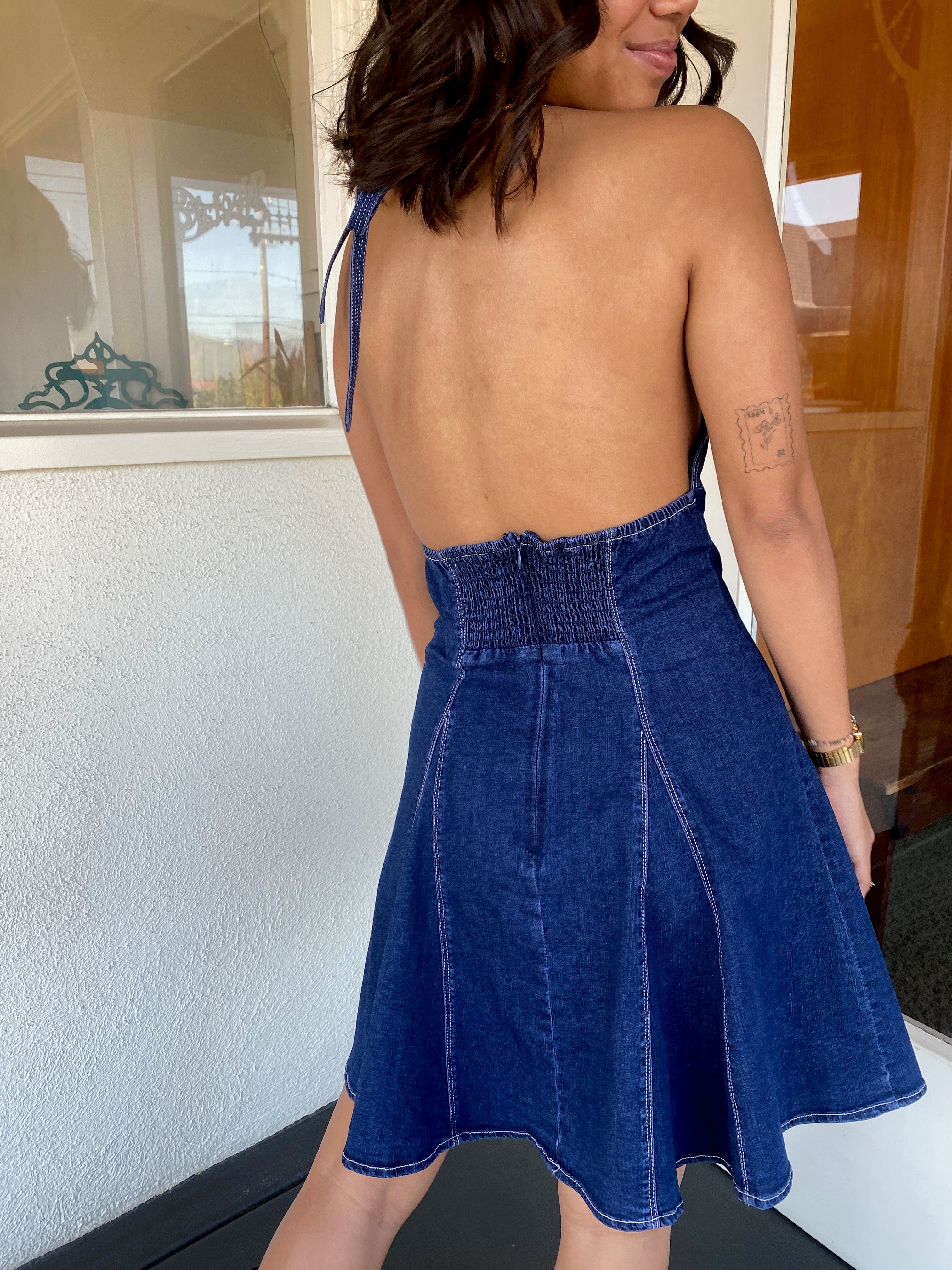 Denim Halter Mini Dress by For Good