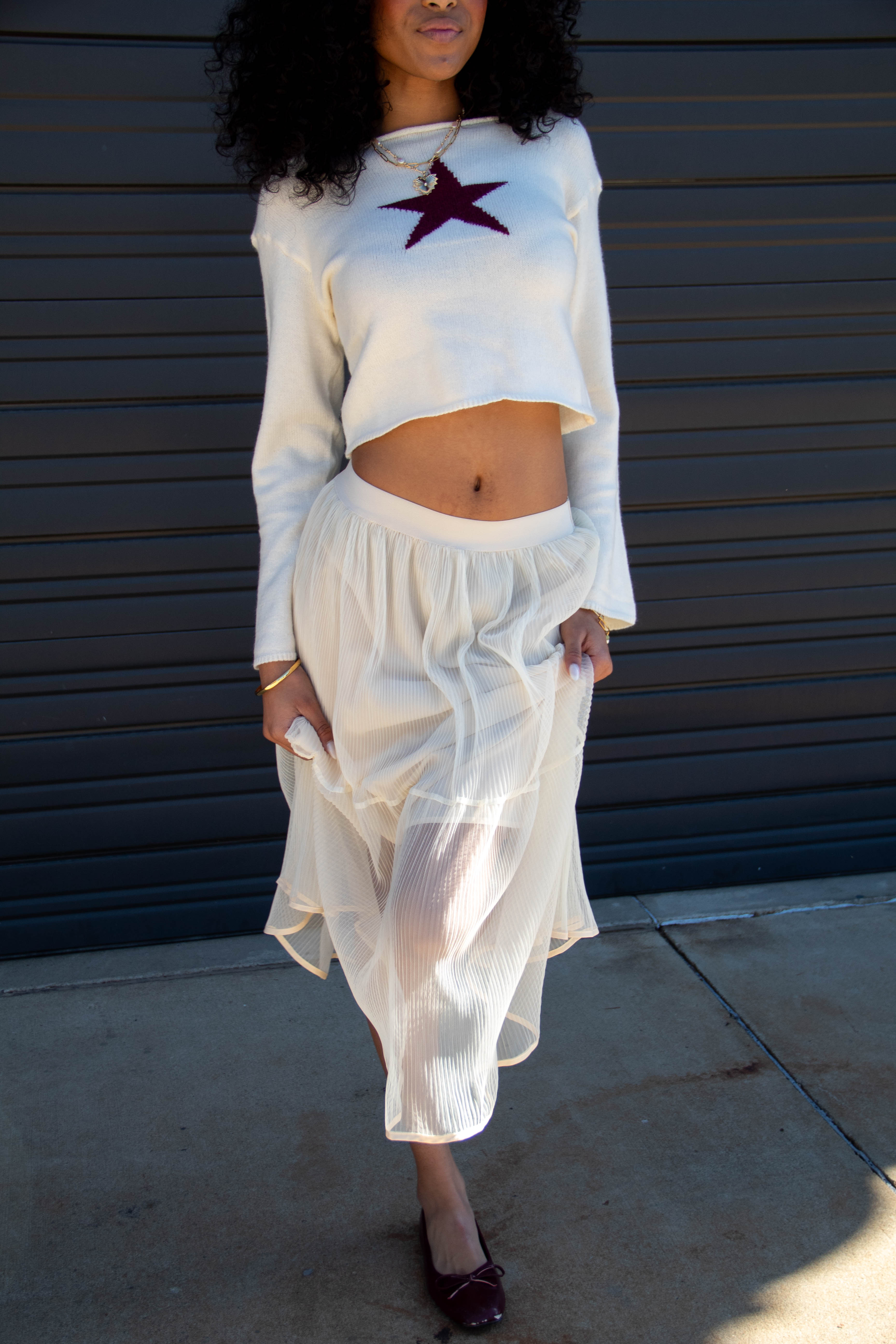 Sheer Pleated Mesh Midi Skirt