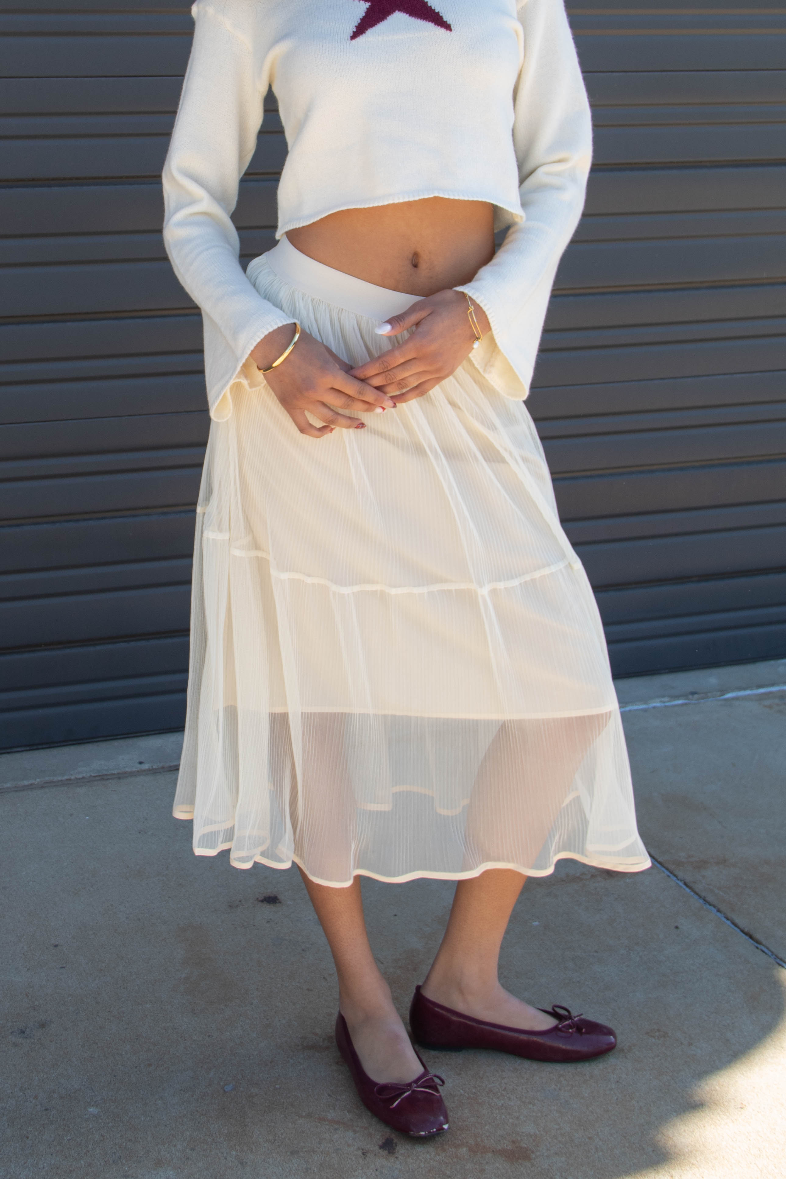 Sheer Pleated Mesh Midi Skirt