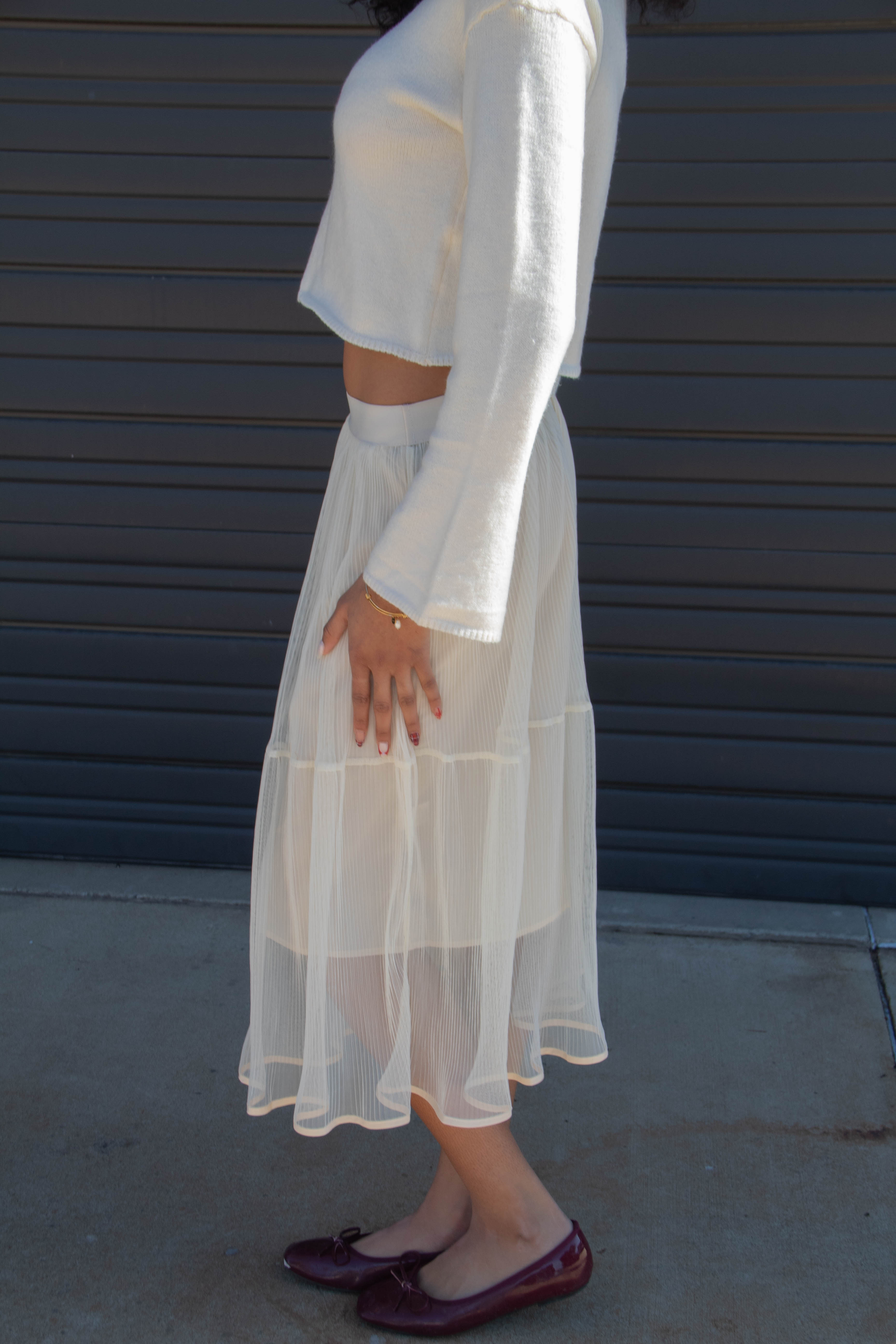 Sheer Pleated Mesh Midi Skirt