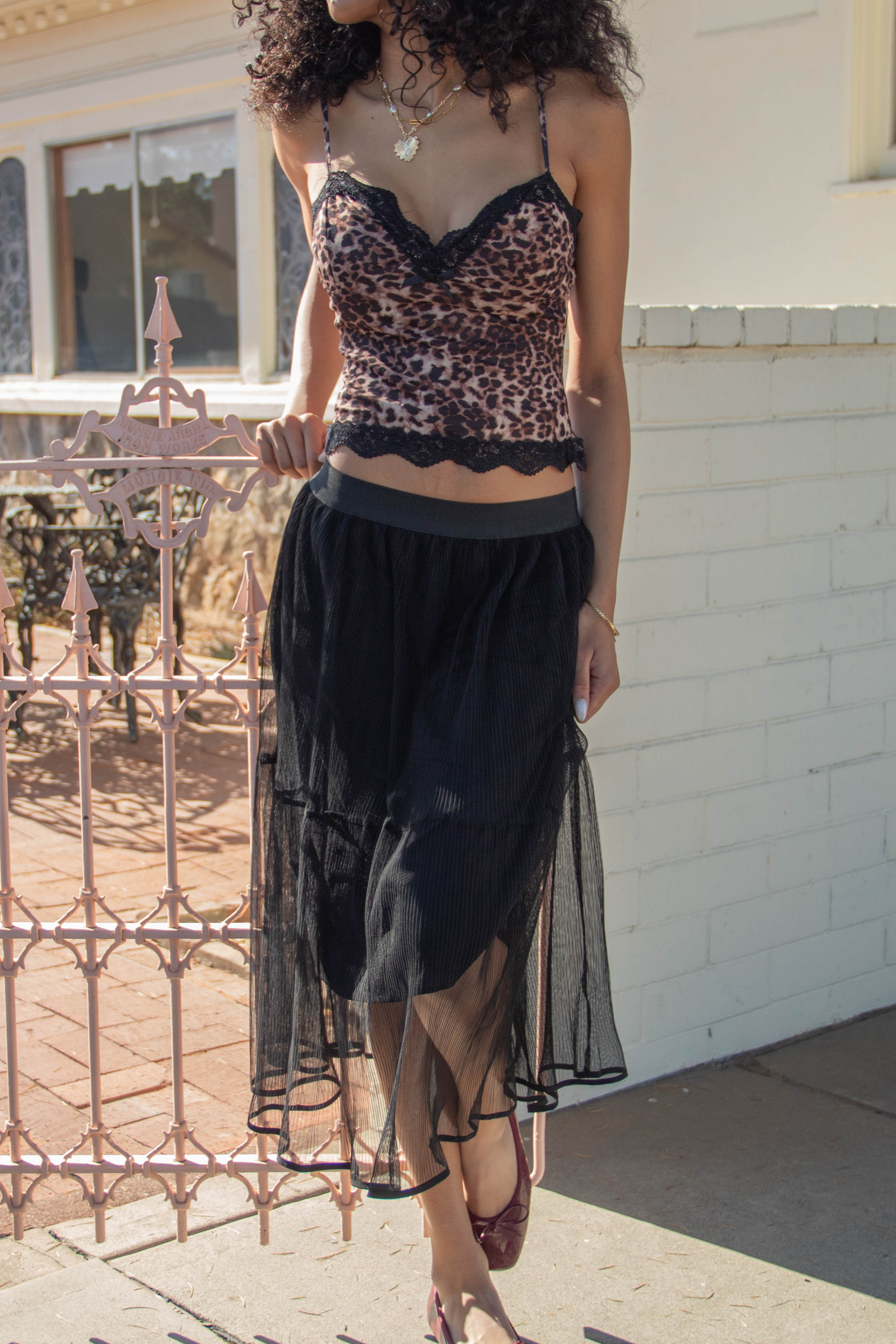 Sheer Pleated Mesh Midi Skirt