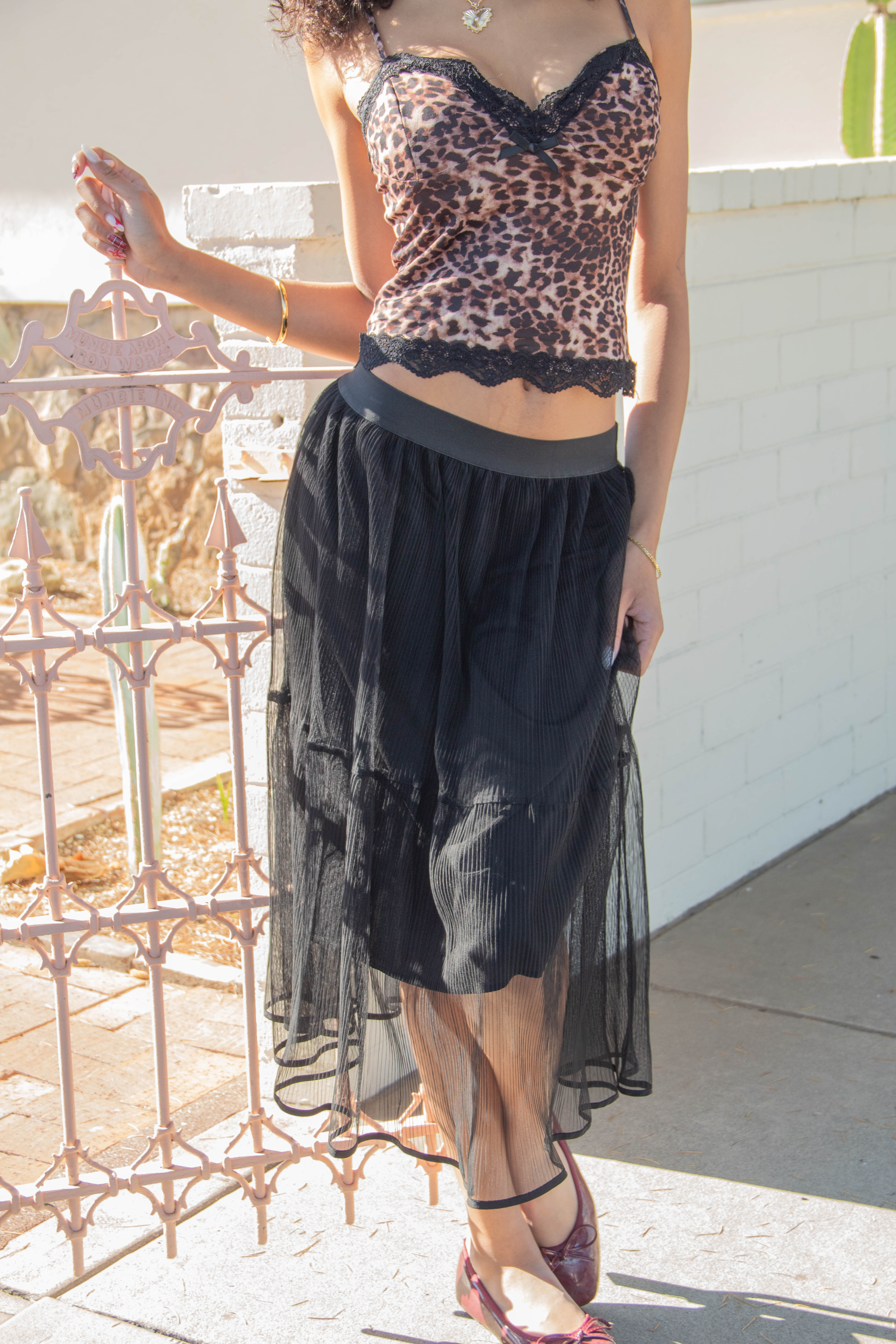Sheer Pleated Mesh Midi Skirt