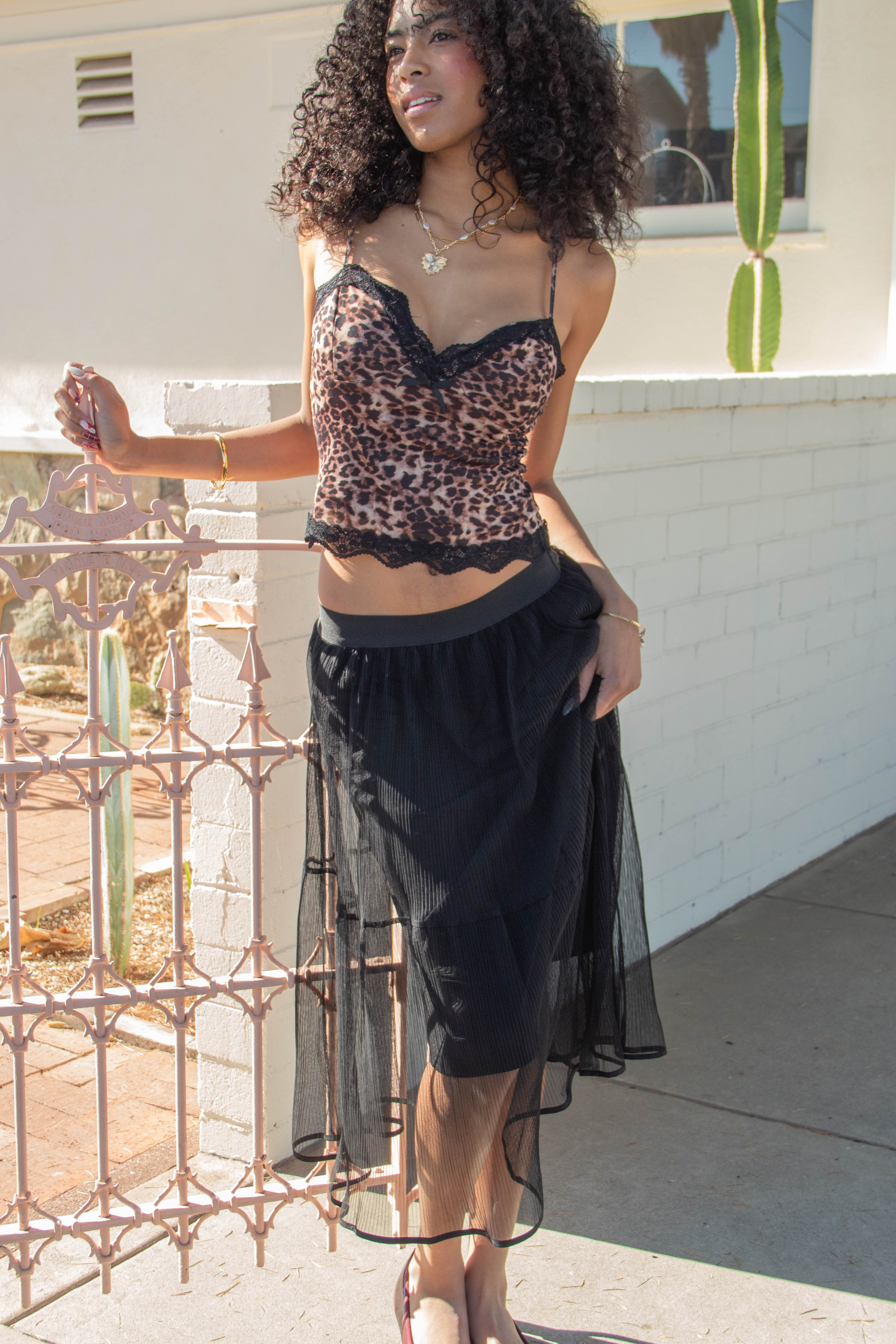 Sheer Pleated Mesh Midi Skirt