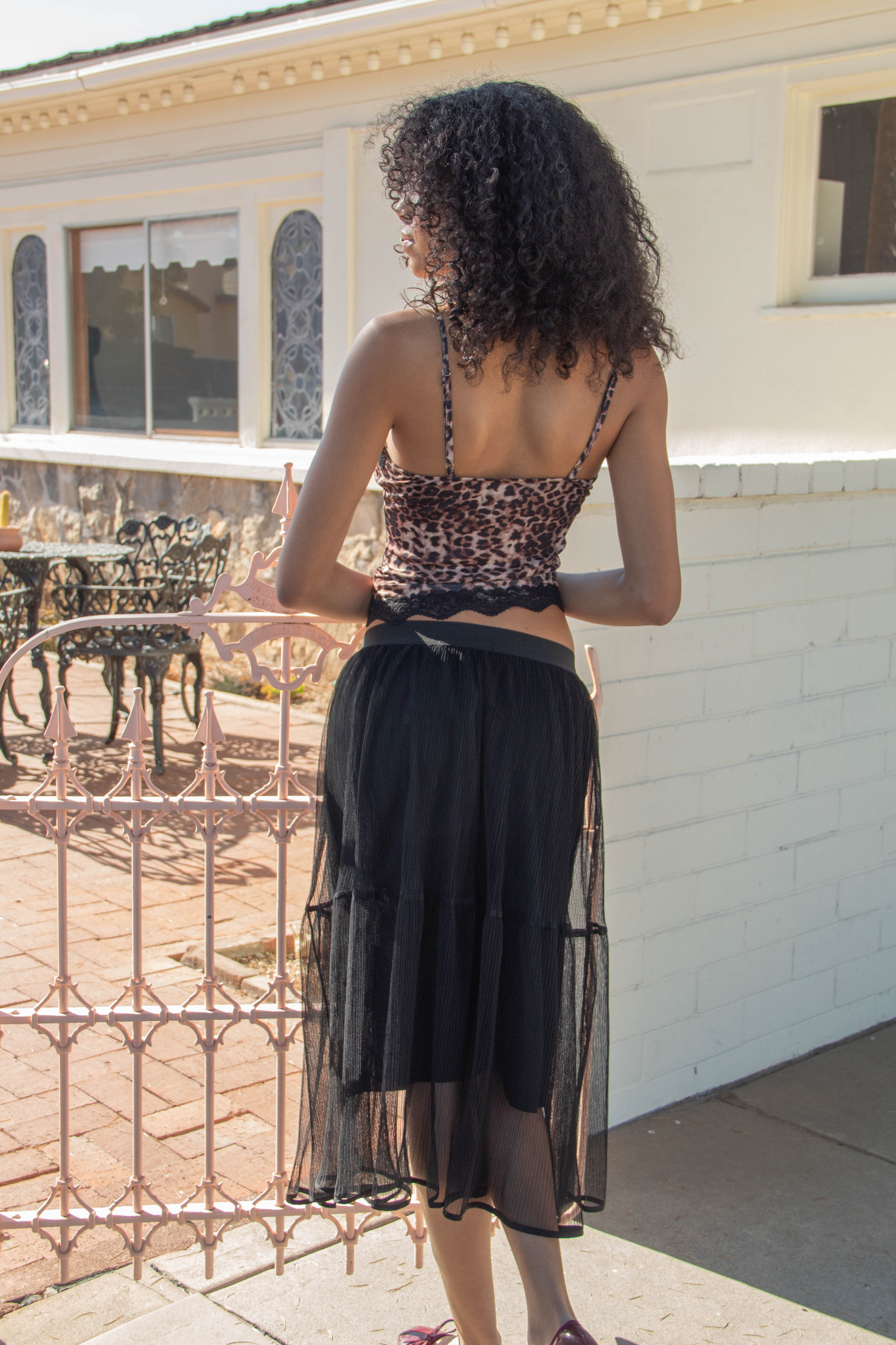 Sheer Pleated Mesh Midi Skirt