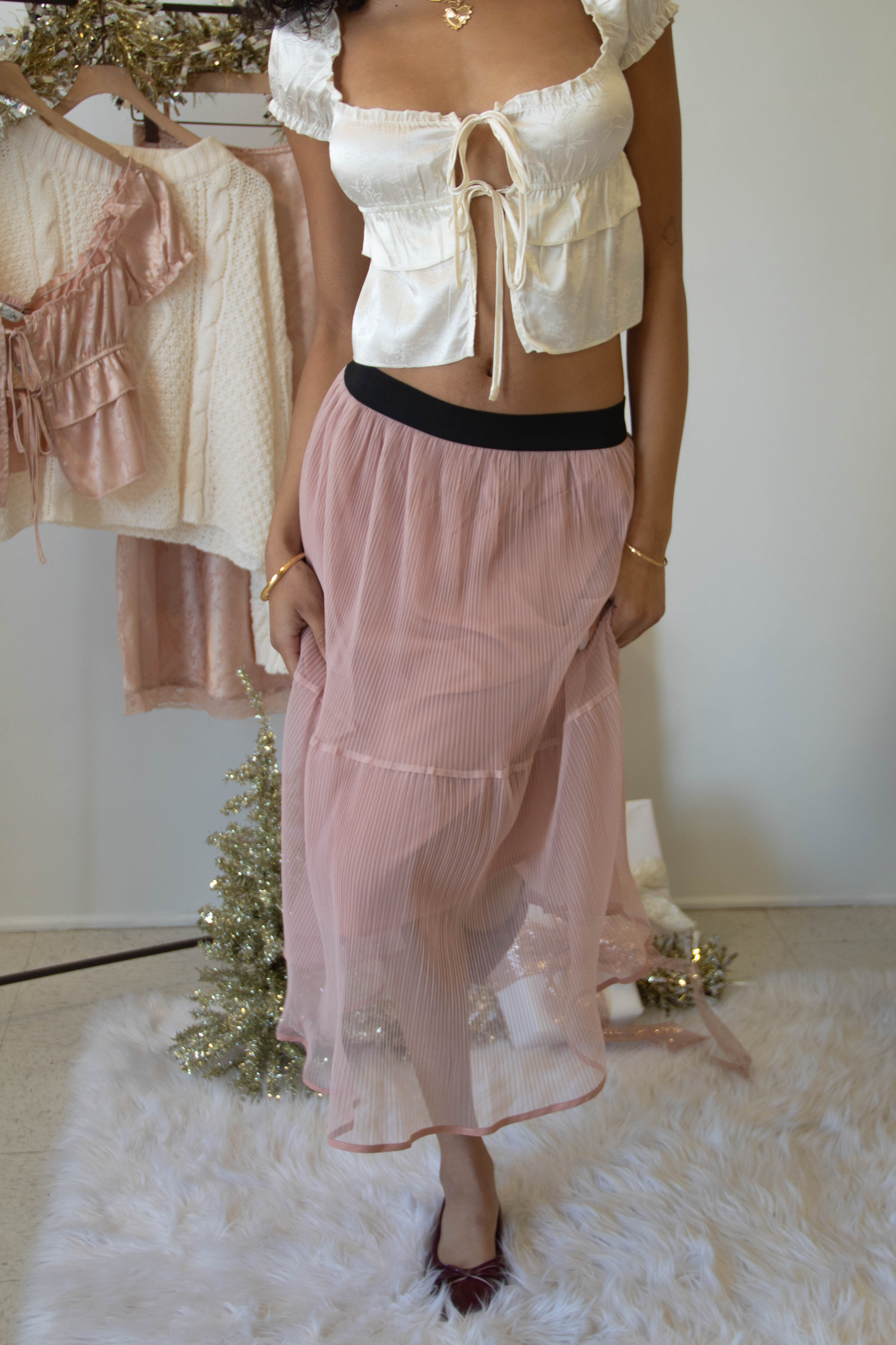 Sheer Pleated Mesh Midi Skirt