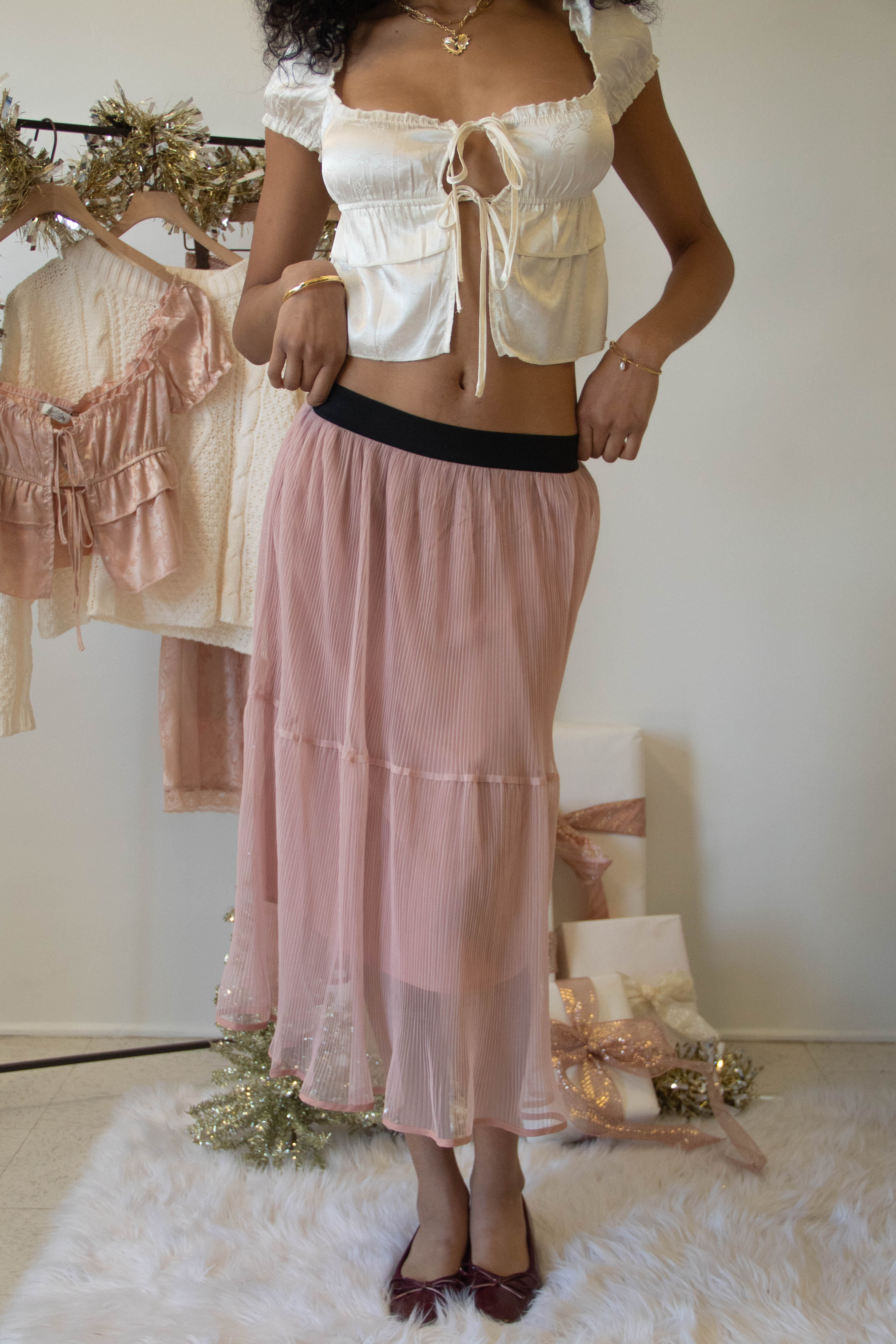 Sheer Pleated Mesh Midi Skirt