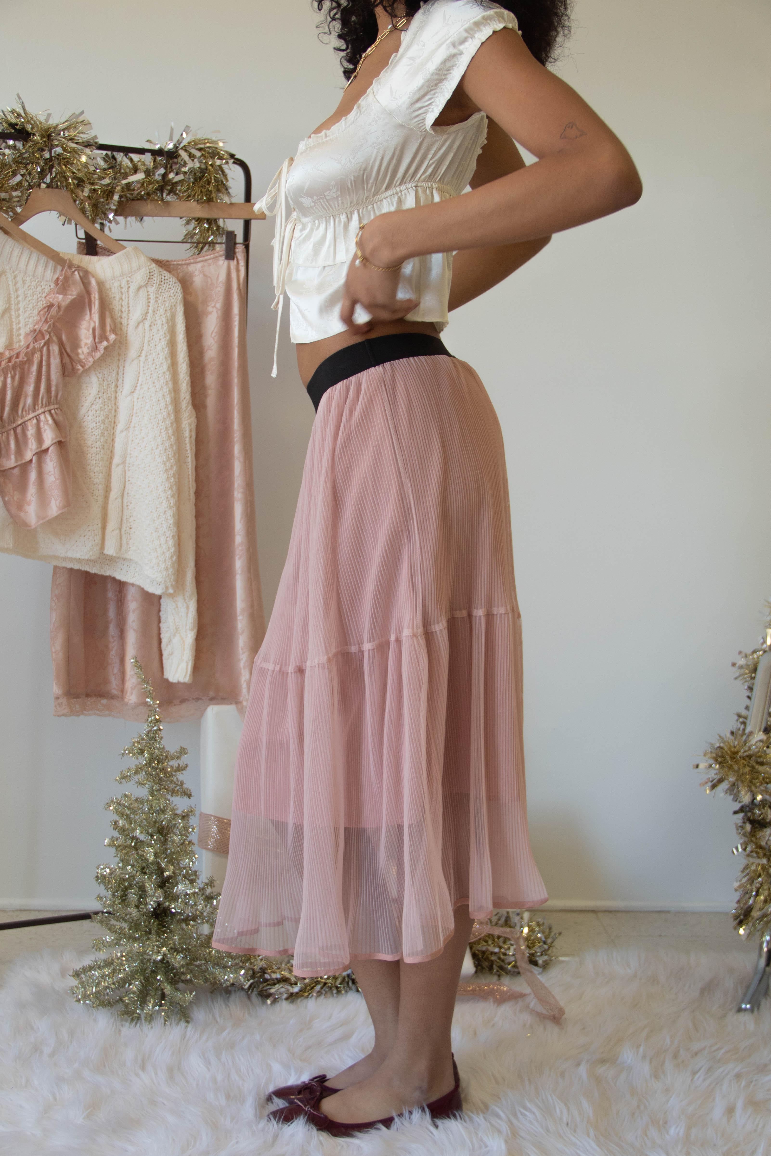 Sheer Pleated Mesh Midi Skirt