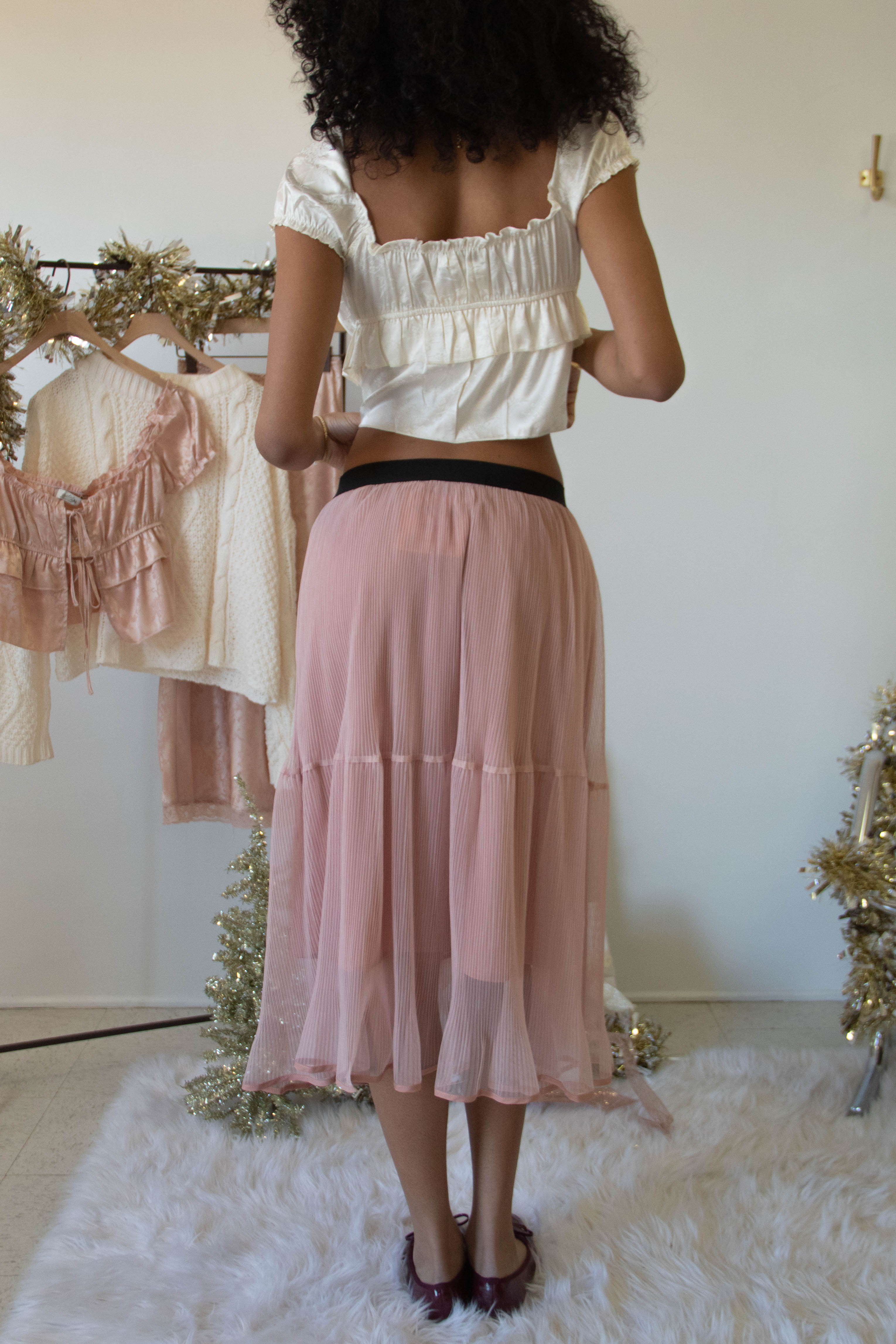 Sheer Pleated Mesh Midi Skirt