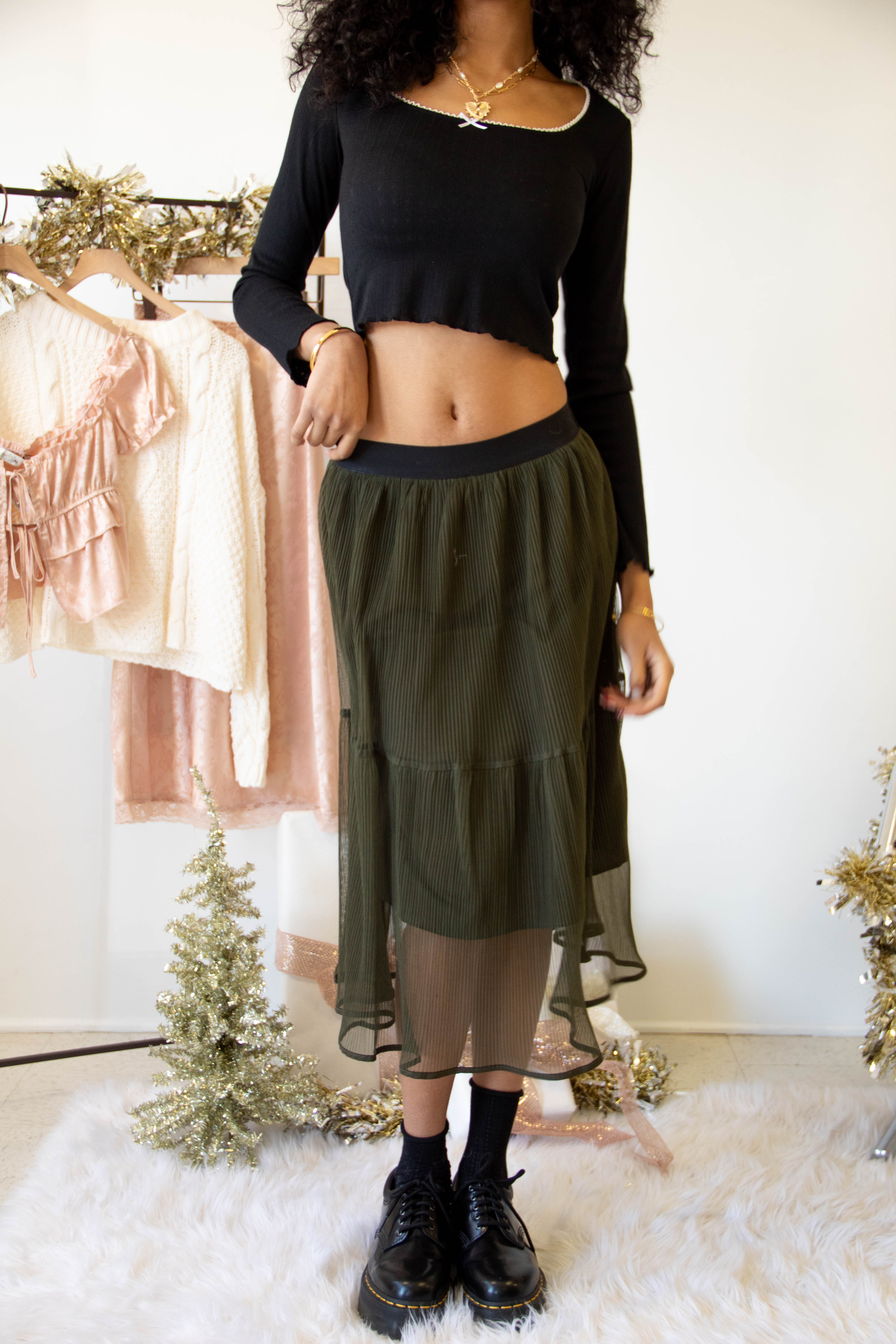 Sheer Pleated Mesh Midi Skirt