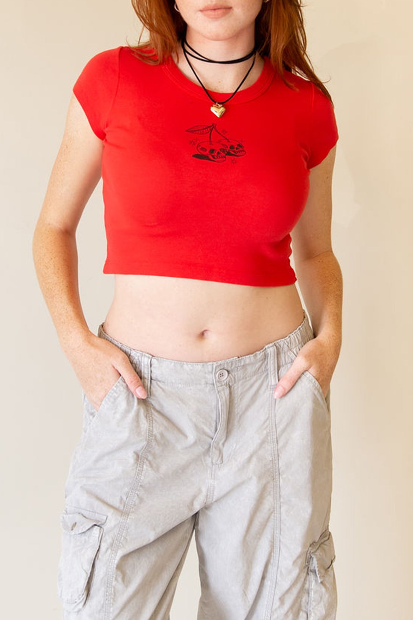 Cherry Skulls Graphic Baby Crop Tee