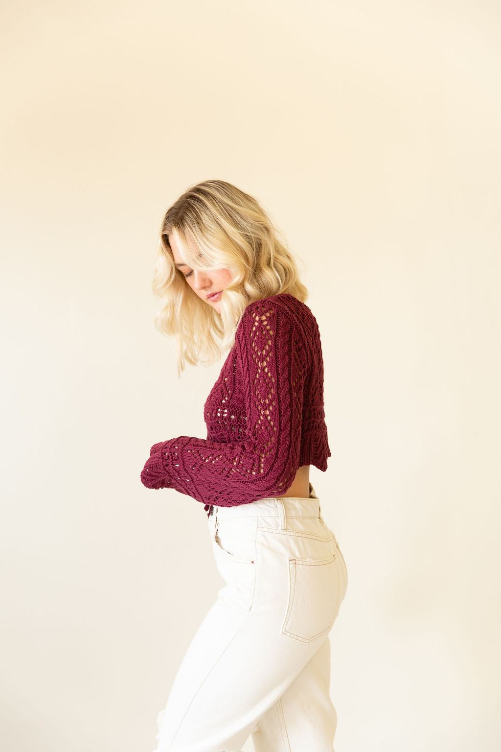 Wine Split Front Crochet Top