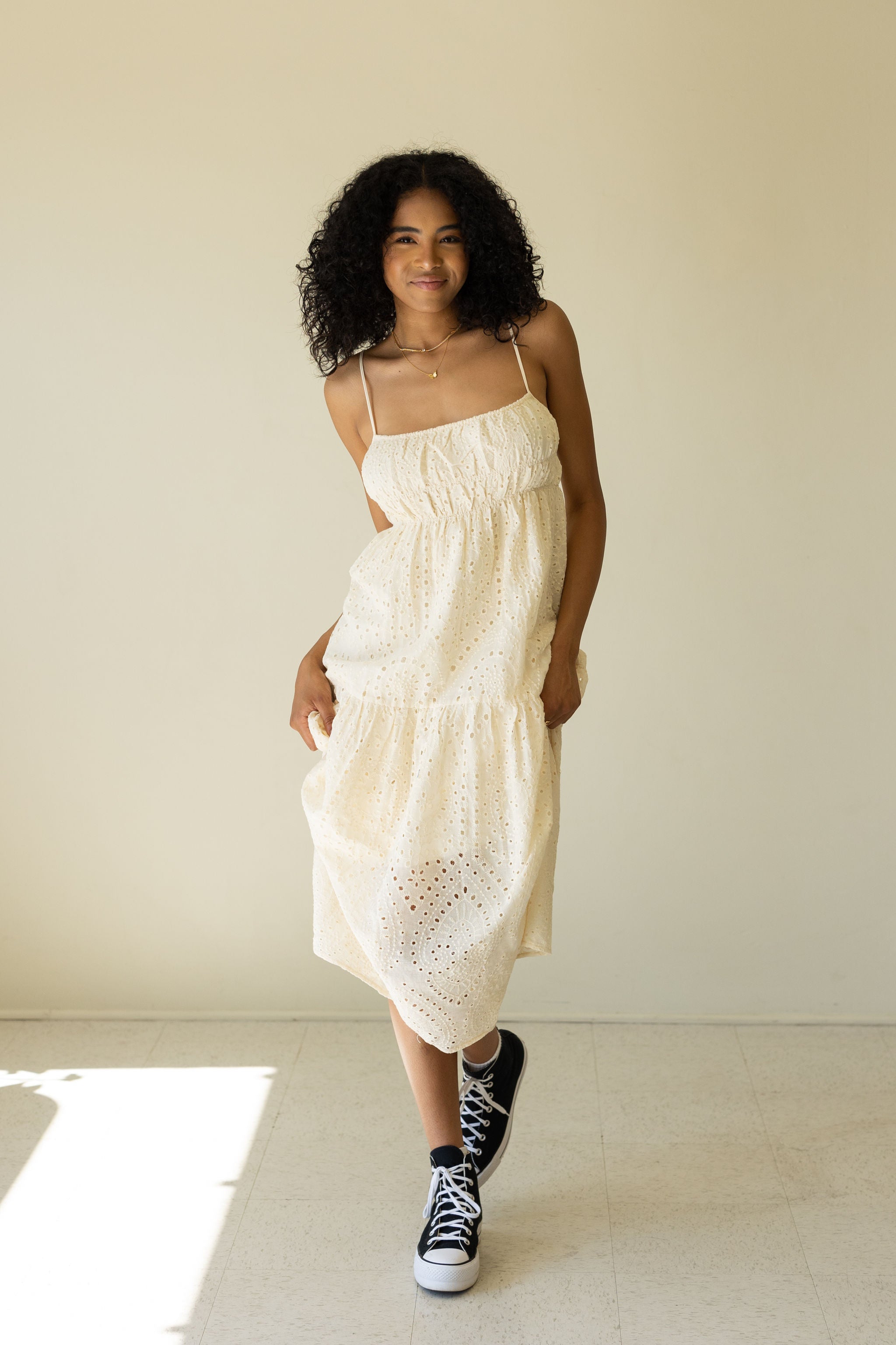 Never Shy Eyelet Midi Dress by For Good