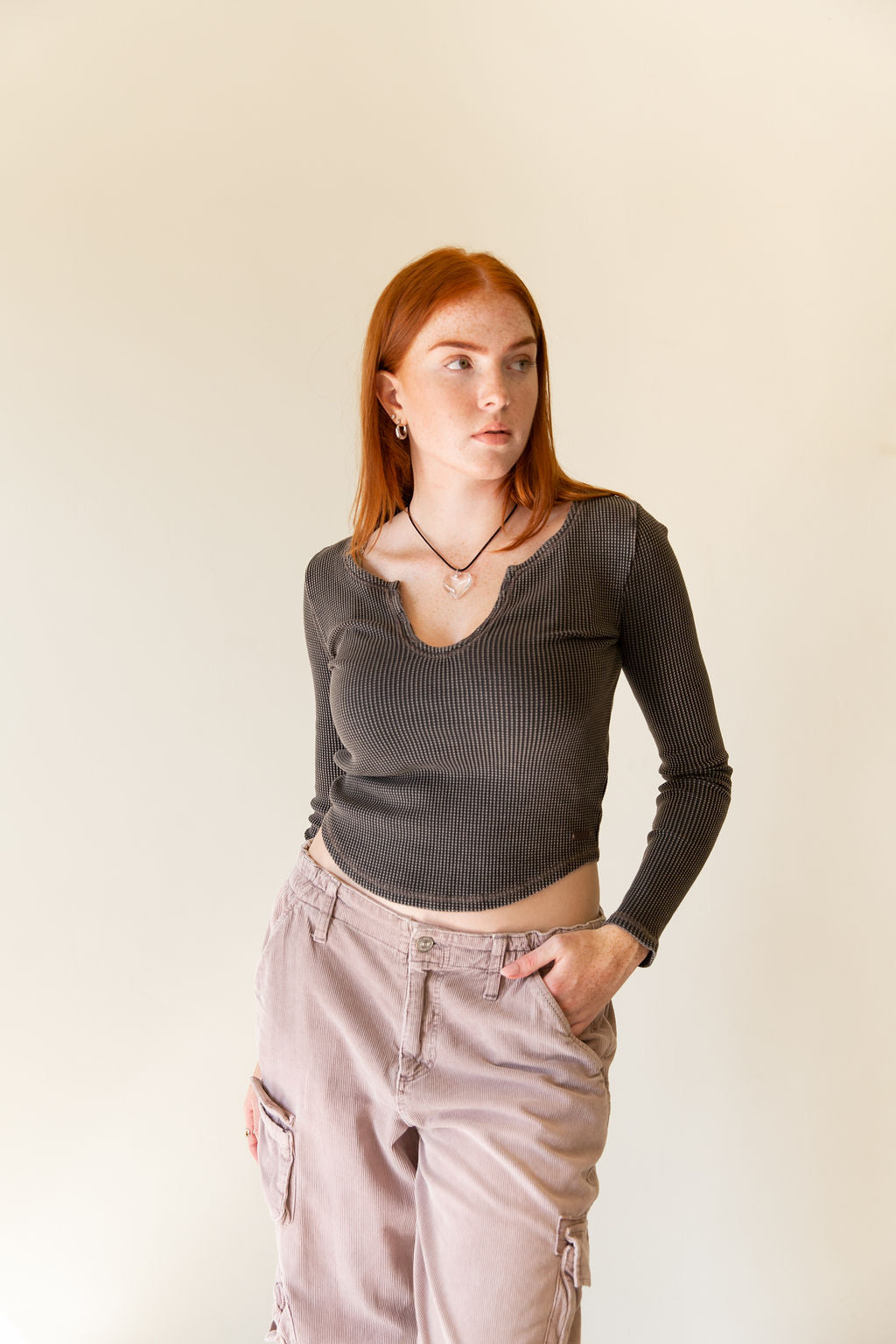 Black Waffle Notch Henley Top