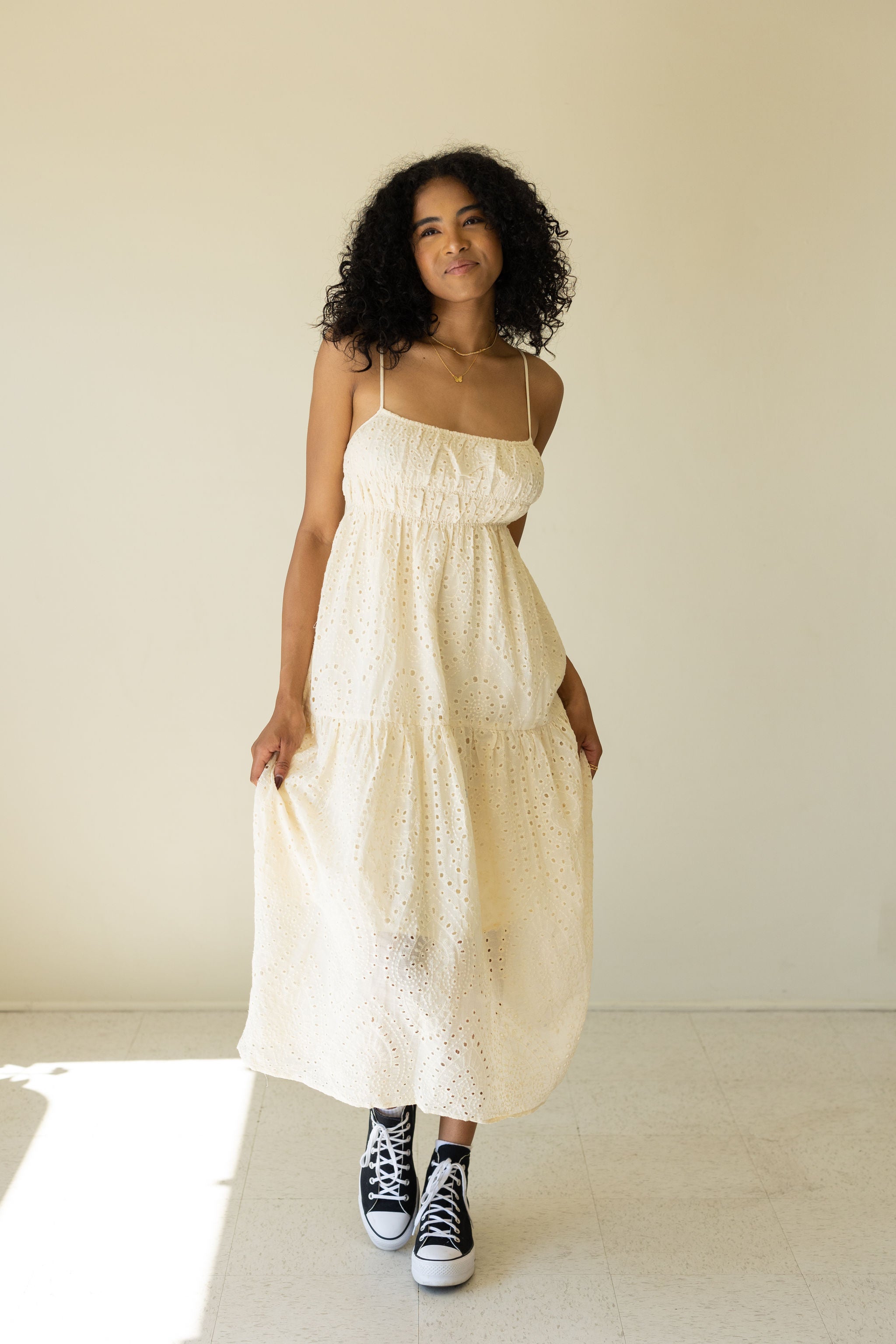 Never Shy Eyelet Midi Dress by For Good