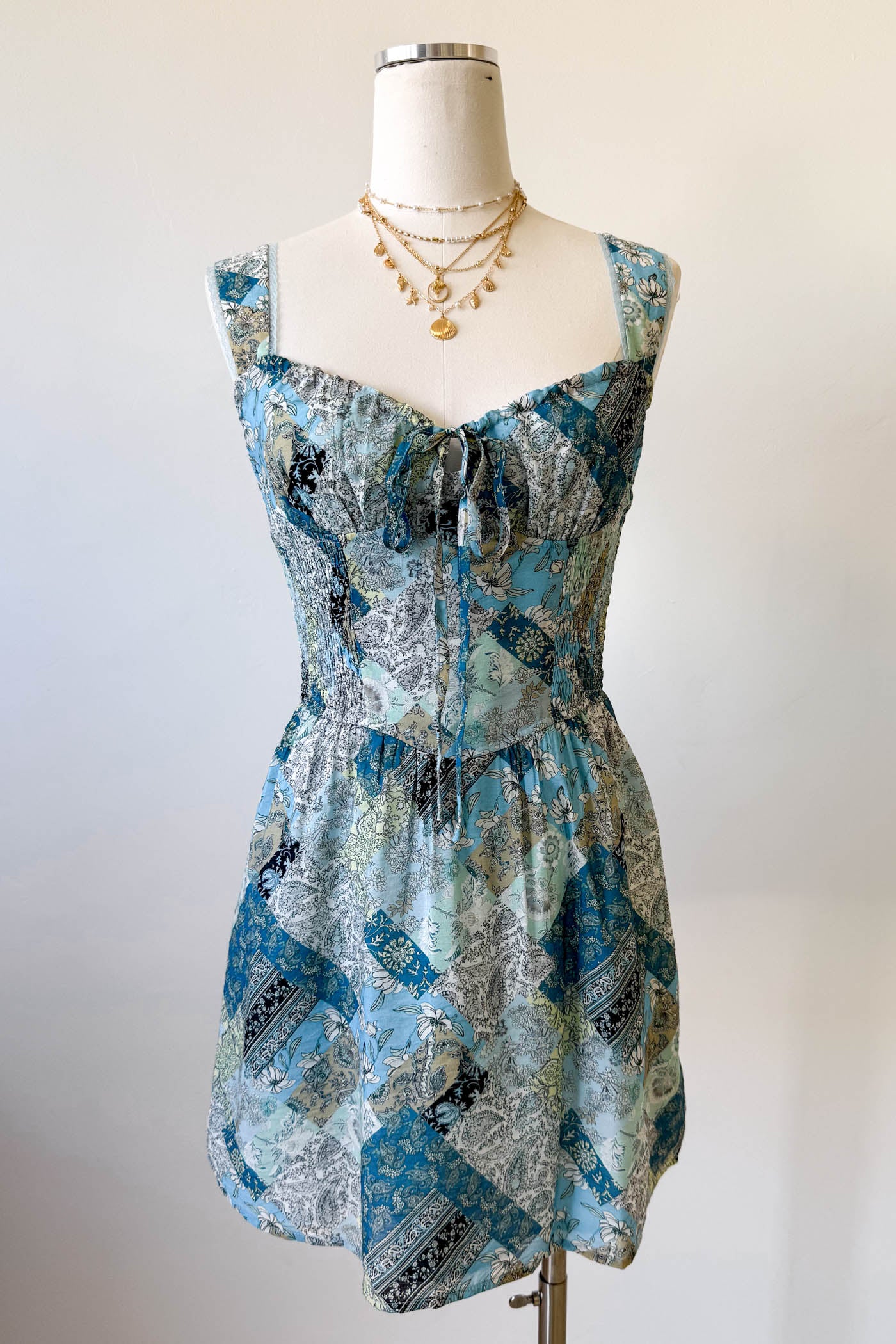 Blue Patchwork Print Mini Dress