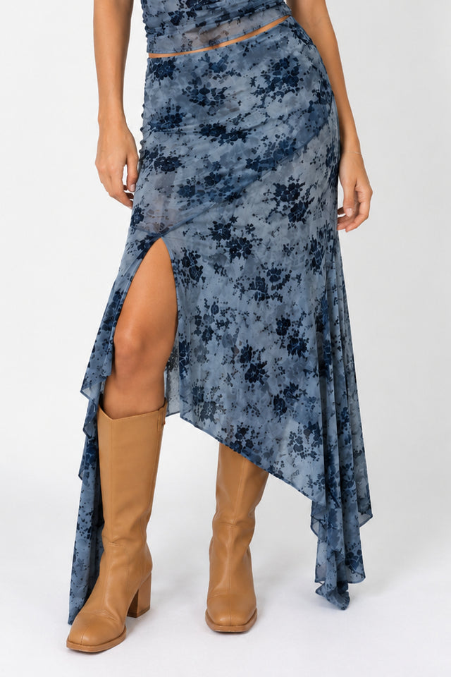 Floral Mesh Asymmetrical Maxi Skirt