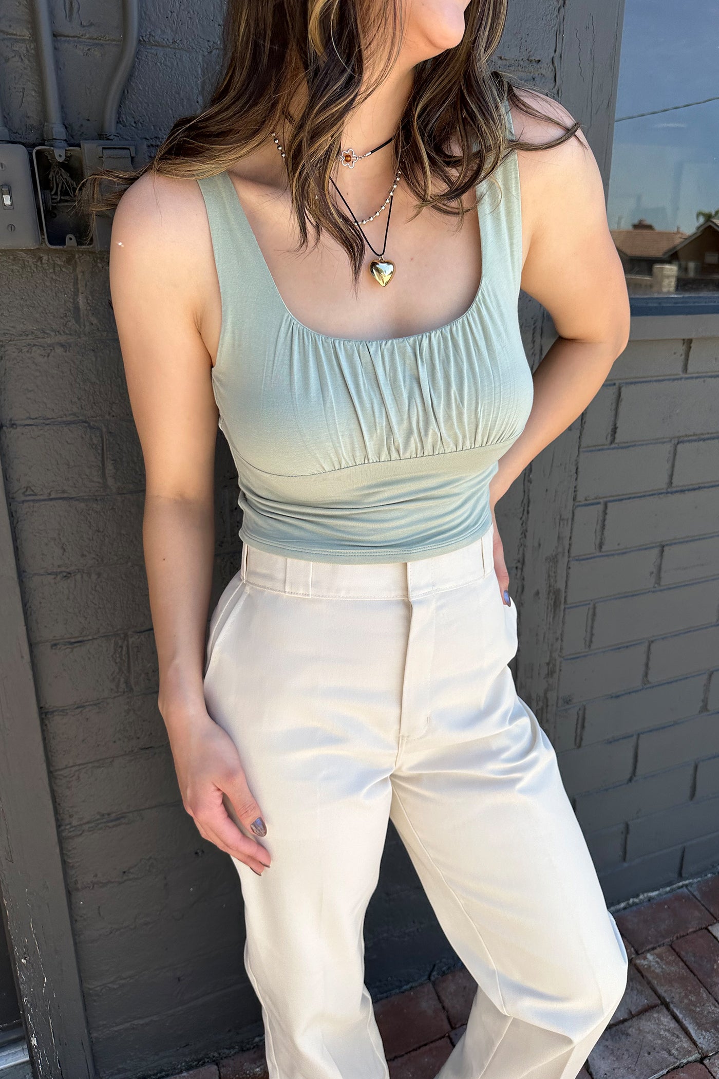 Sage Sleeveless Ruched Bustier Top