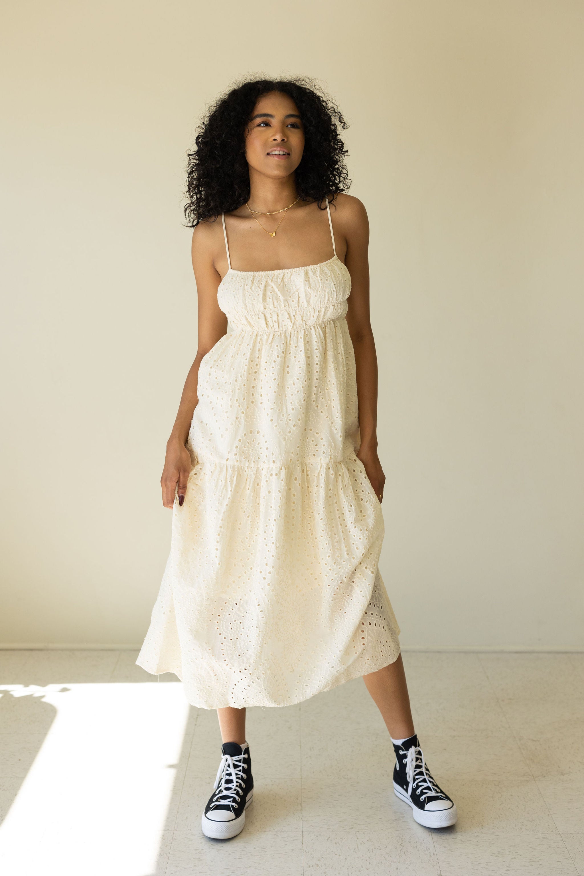 Never Shy Eyelet Midi Dress by For Good