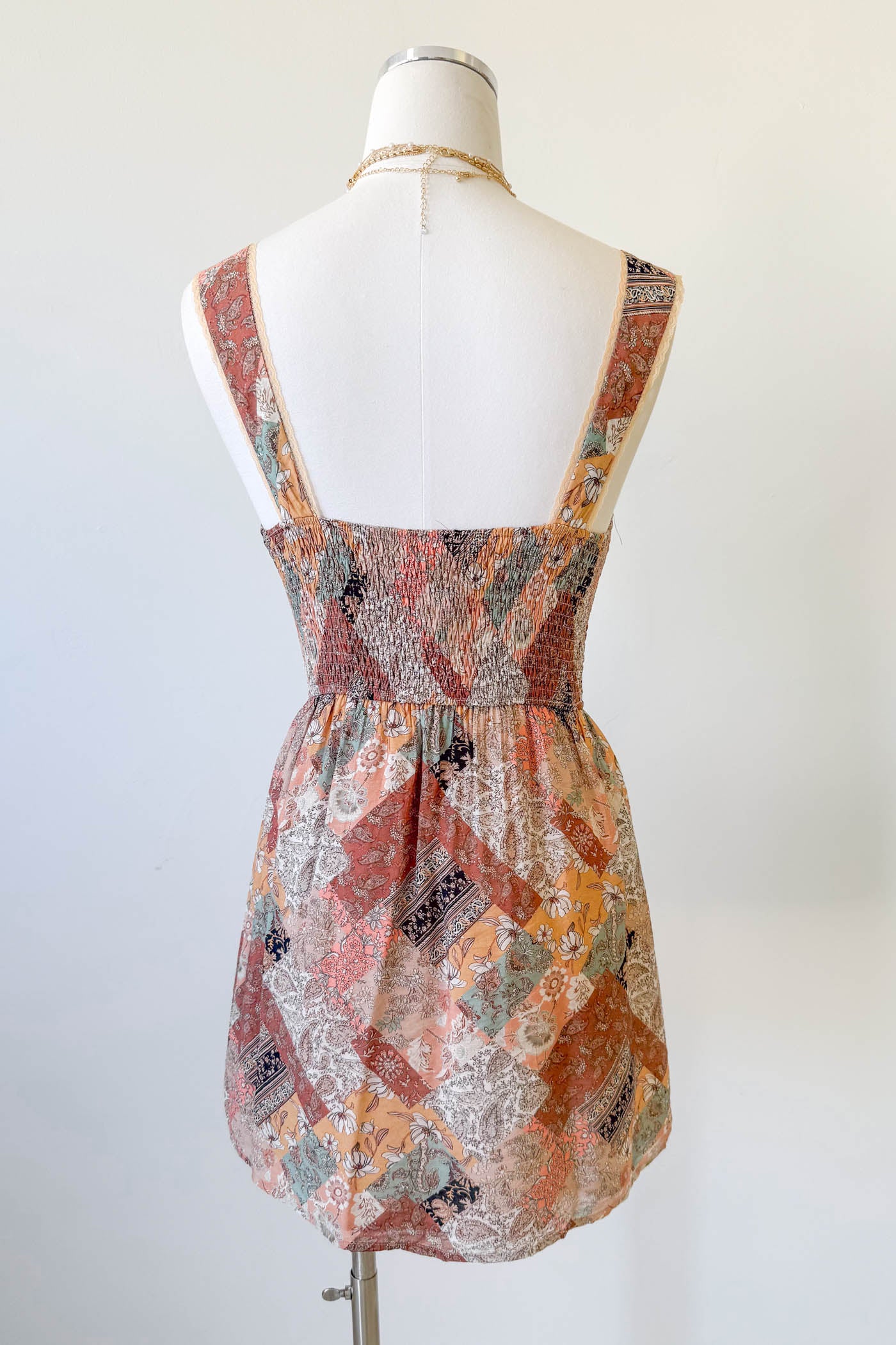 WIne Patchwork Print Mini Dress