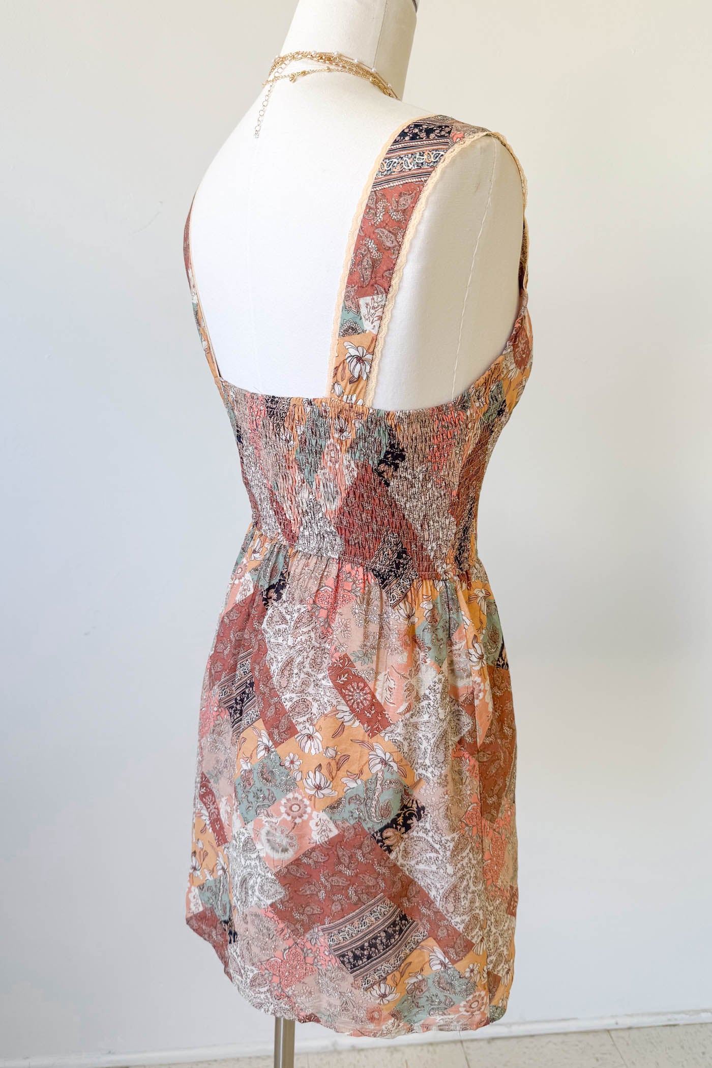 WIne Patchwork Print Mini Dress
