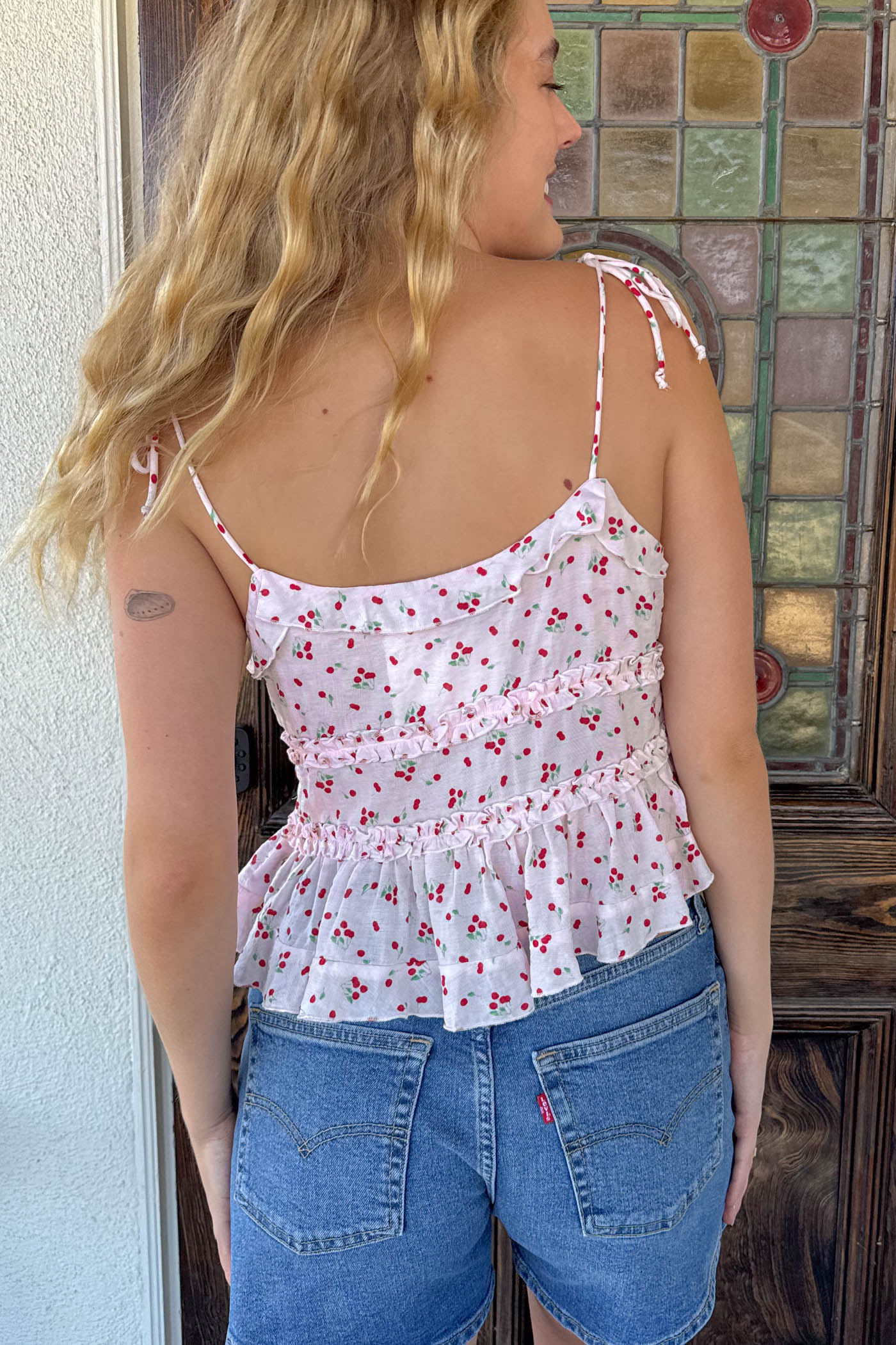 Cherry Print Split Front Top
