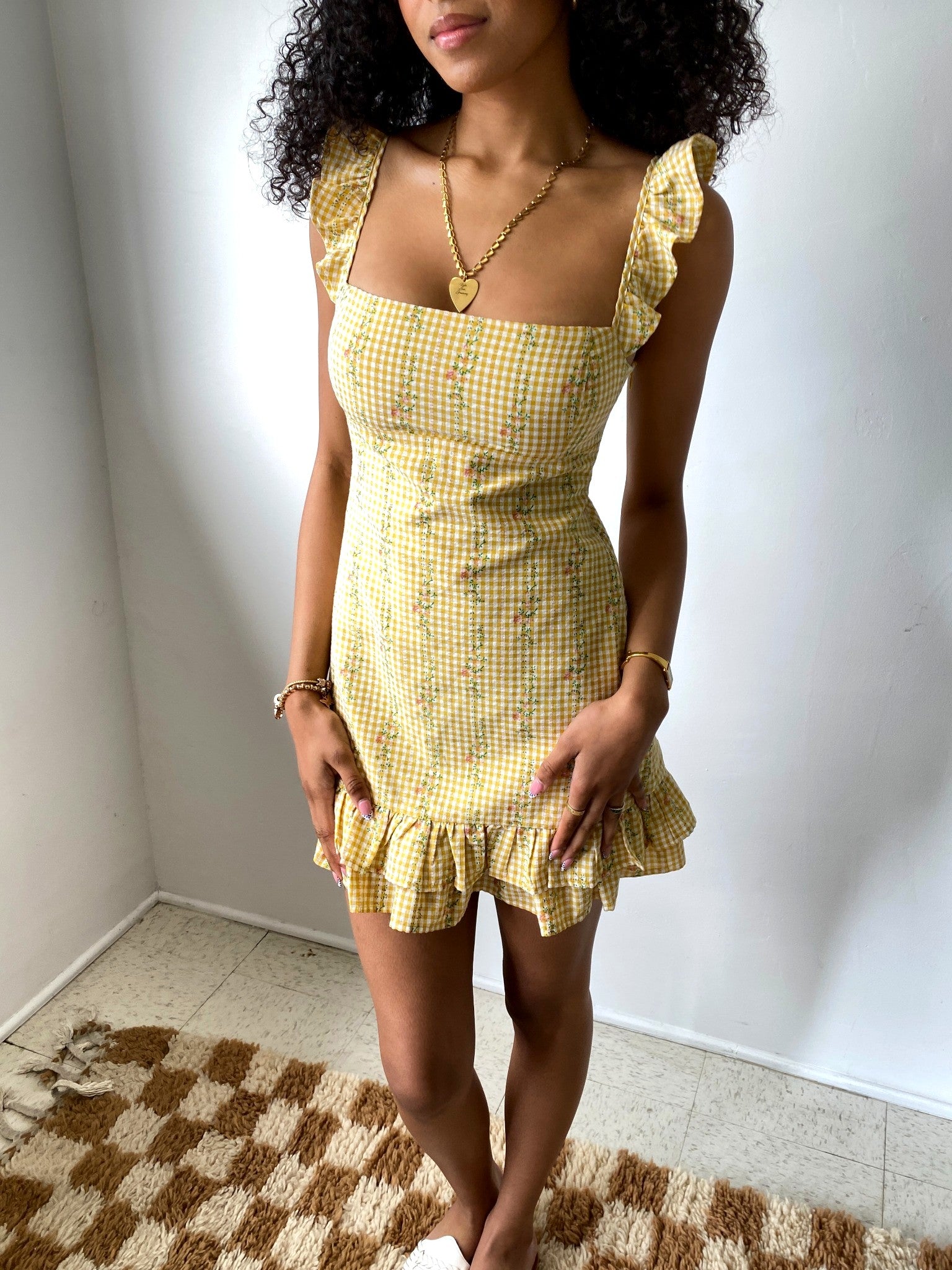 Gingham Floral Ruffle Dress